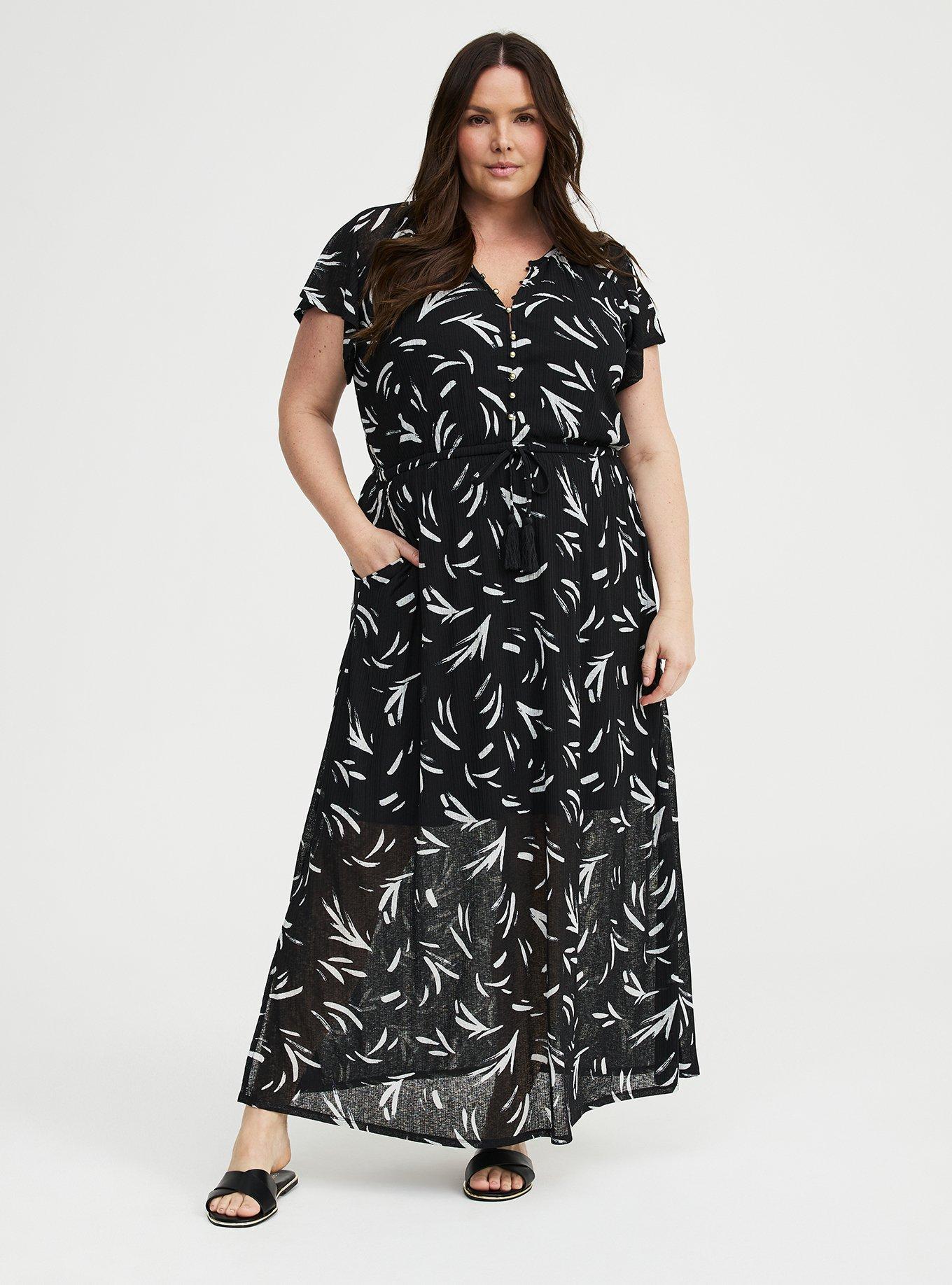Crinkle Gauze Button-Front Maxi Dress, BRUSH STROKES BLACK, hi-res