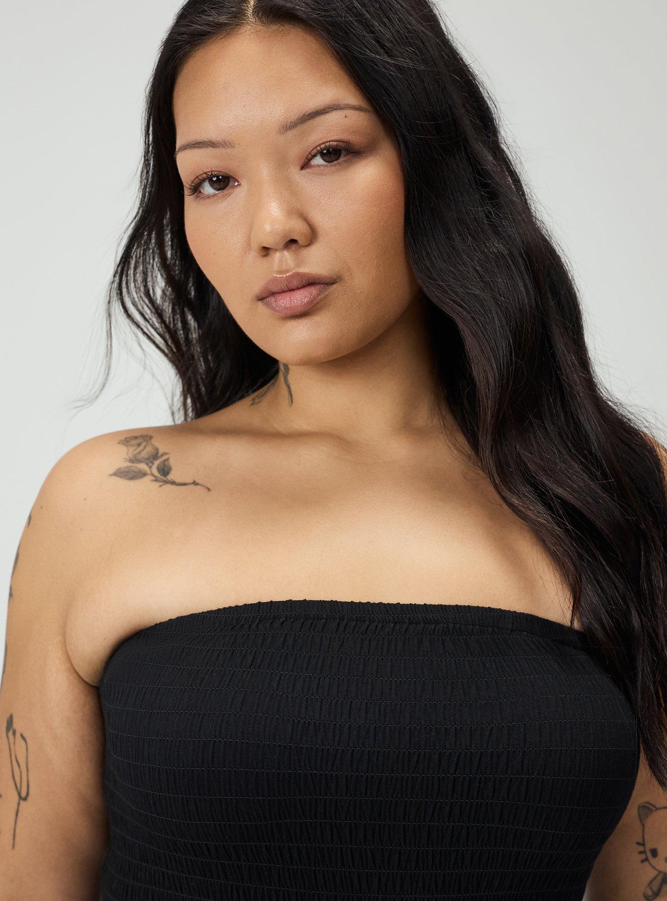 Crinkle Knit Smocked Tube Romper, DEEP BLACK, alternate