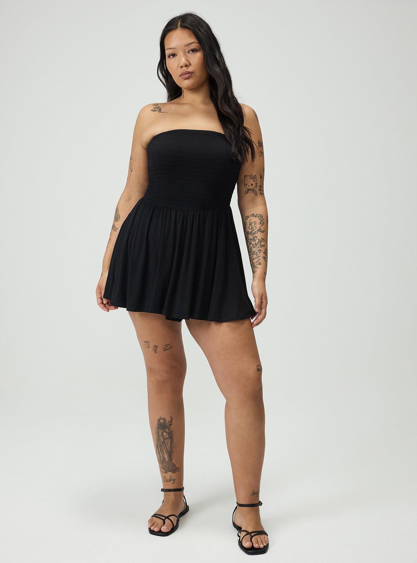 Crinkle Knit Smocked Tube Romper, DEEP BLACK, alternate