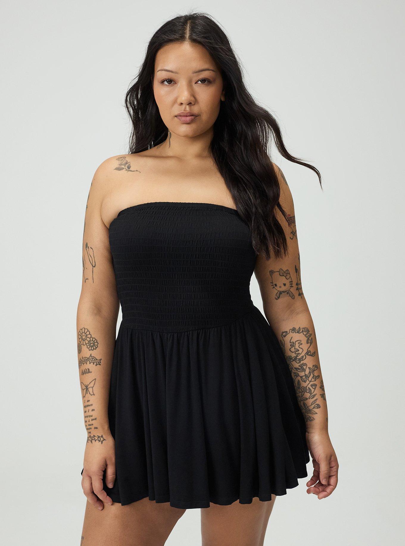 Crinkle Knit Smocked Tube Romper, DEEP BLACK, hi-res