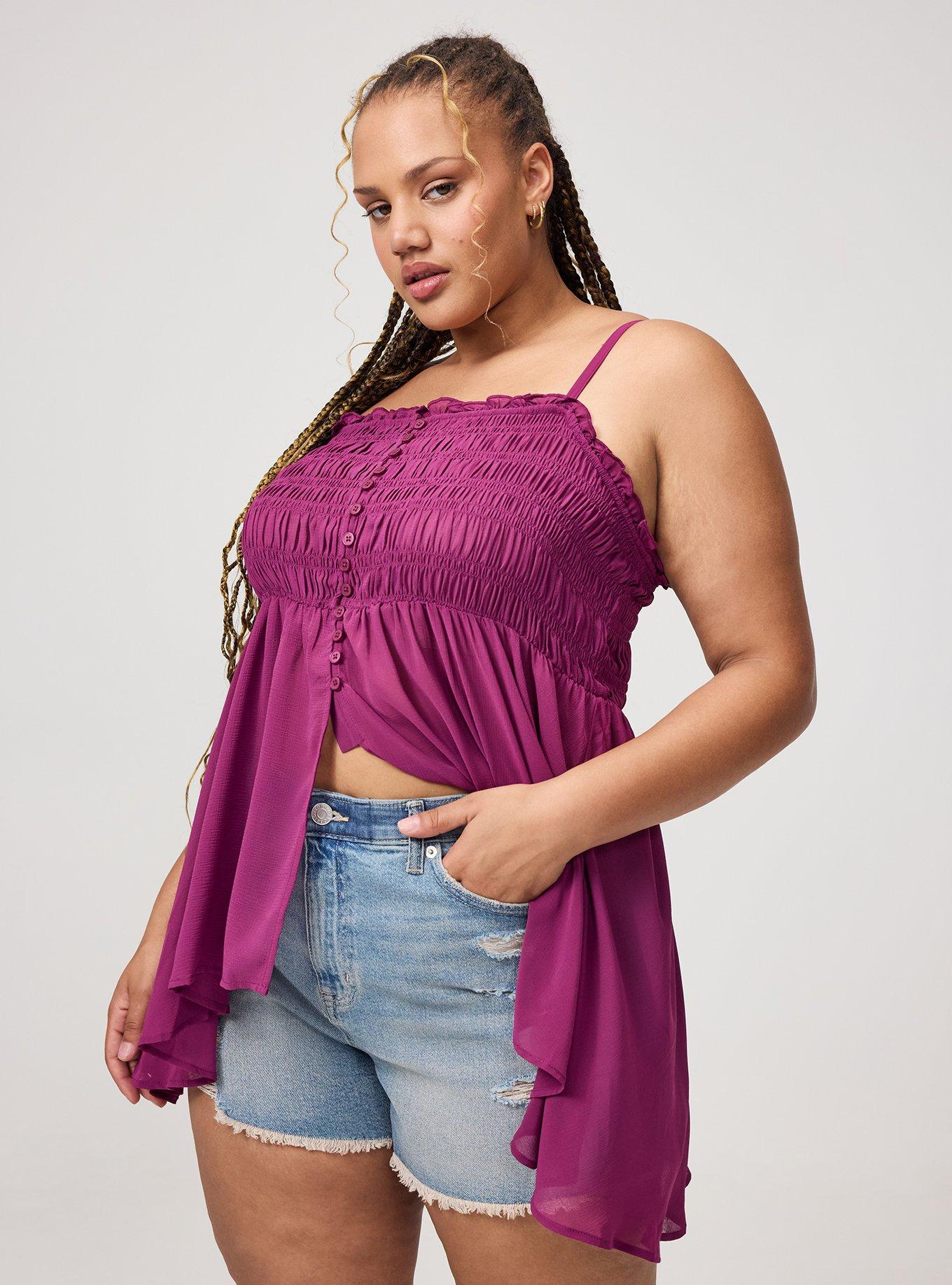 Button-Front Smocked Tunic Cami, PLUM CASPIA, alternate
