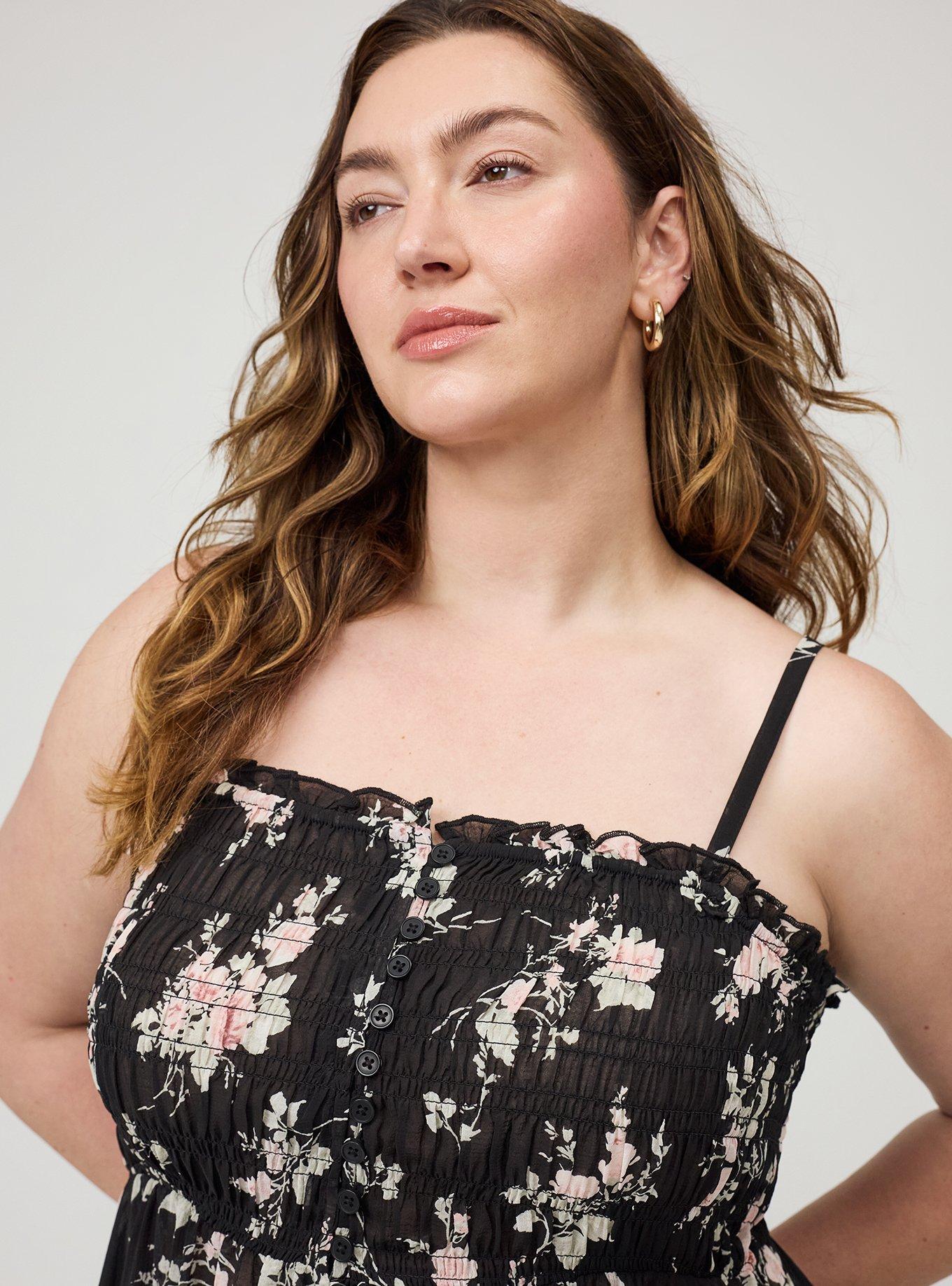 Button-Front Smocked Tunic Cami, GRACE FLORAL BLACK, alternate