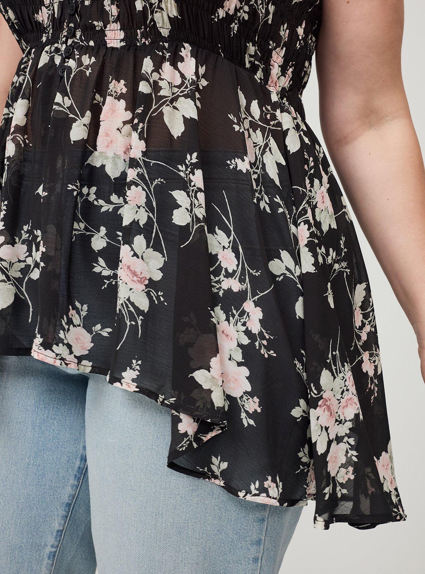 Button-Front Smocked Tunic Cami, GRACE FLORAL BLACK, alternate