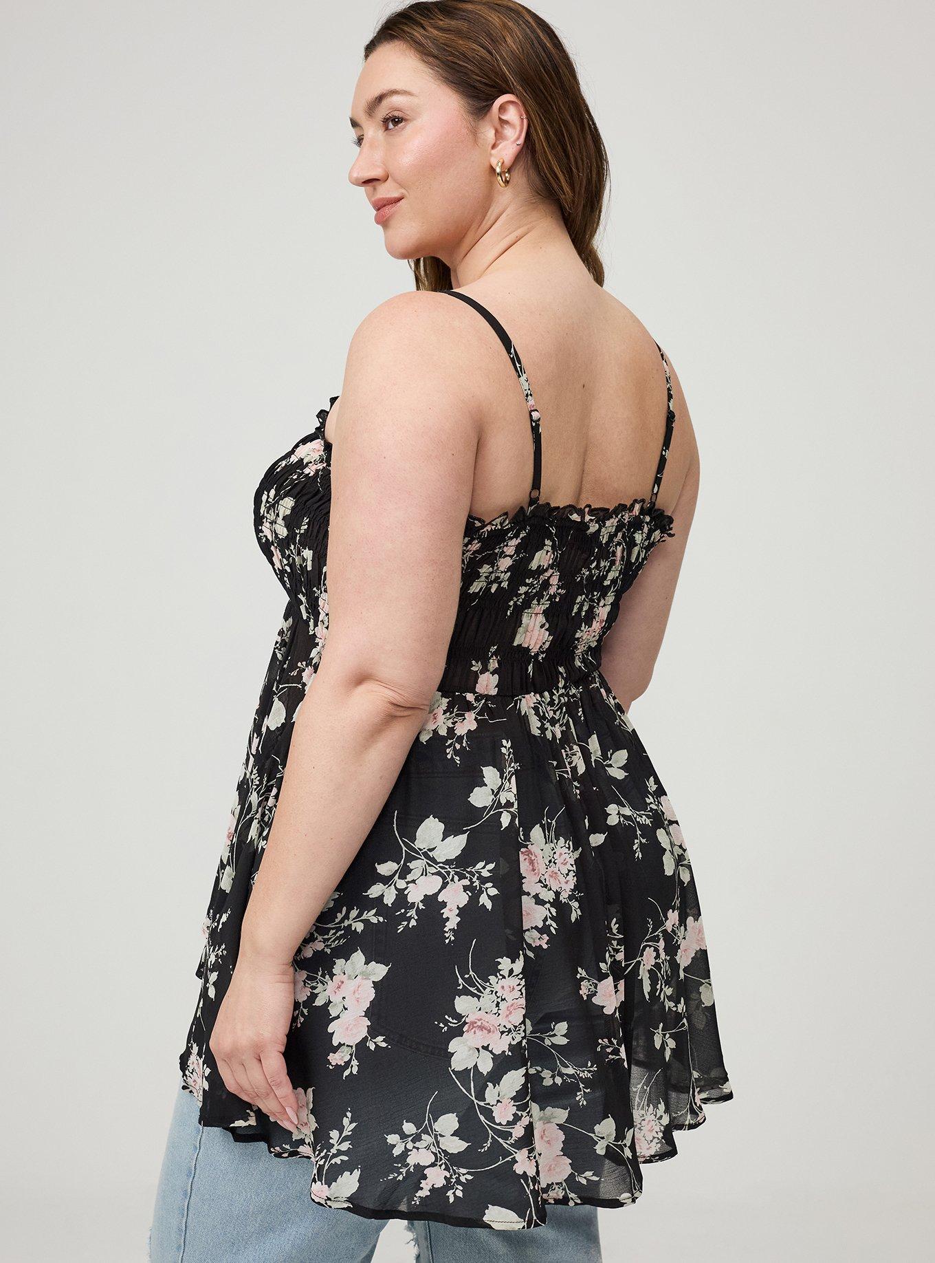 Button-Front Smocked Tunic Cami, GRACE FLORAL BLACK, alternate