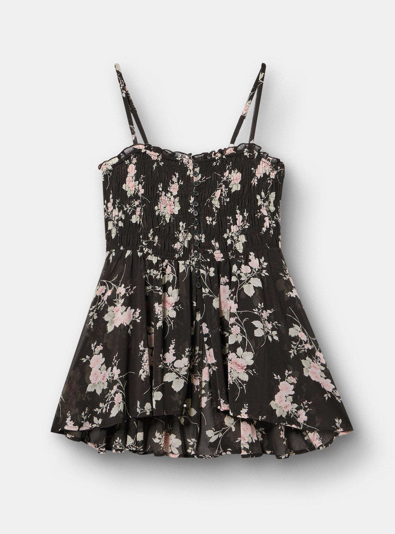Button-Front Smocked Tunic Cami, GRACE FLORAL BLACK, flat