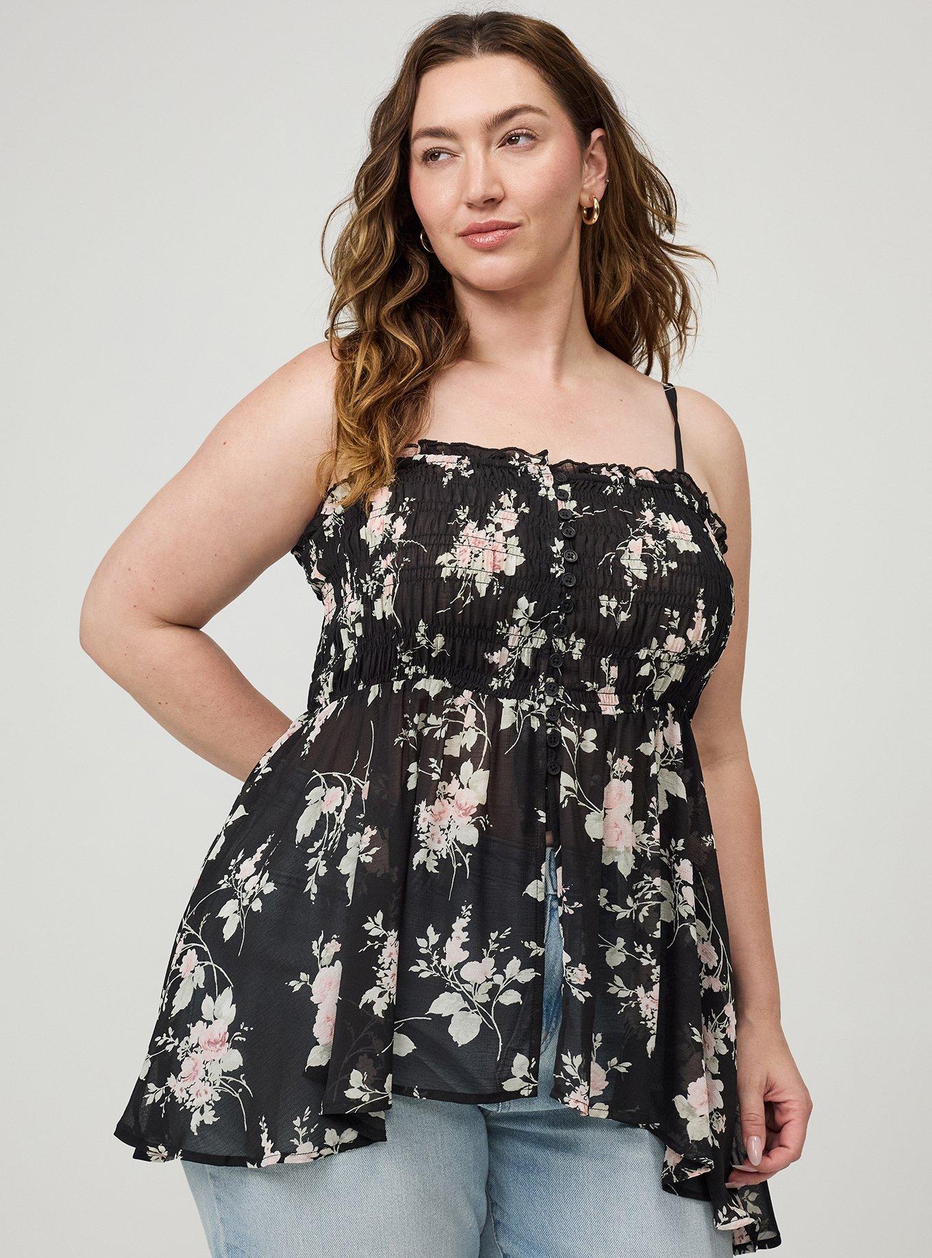 Button-Front Smocked Tunic Cami, GRACE FLORAL BLACK, hi-res
