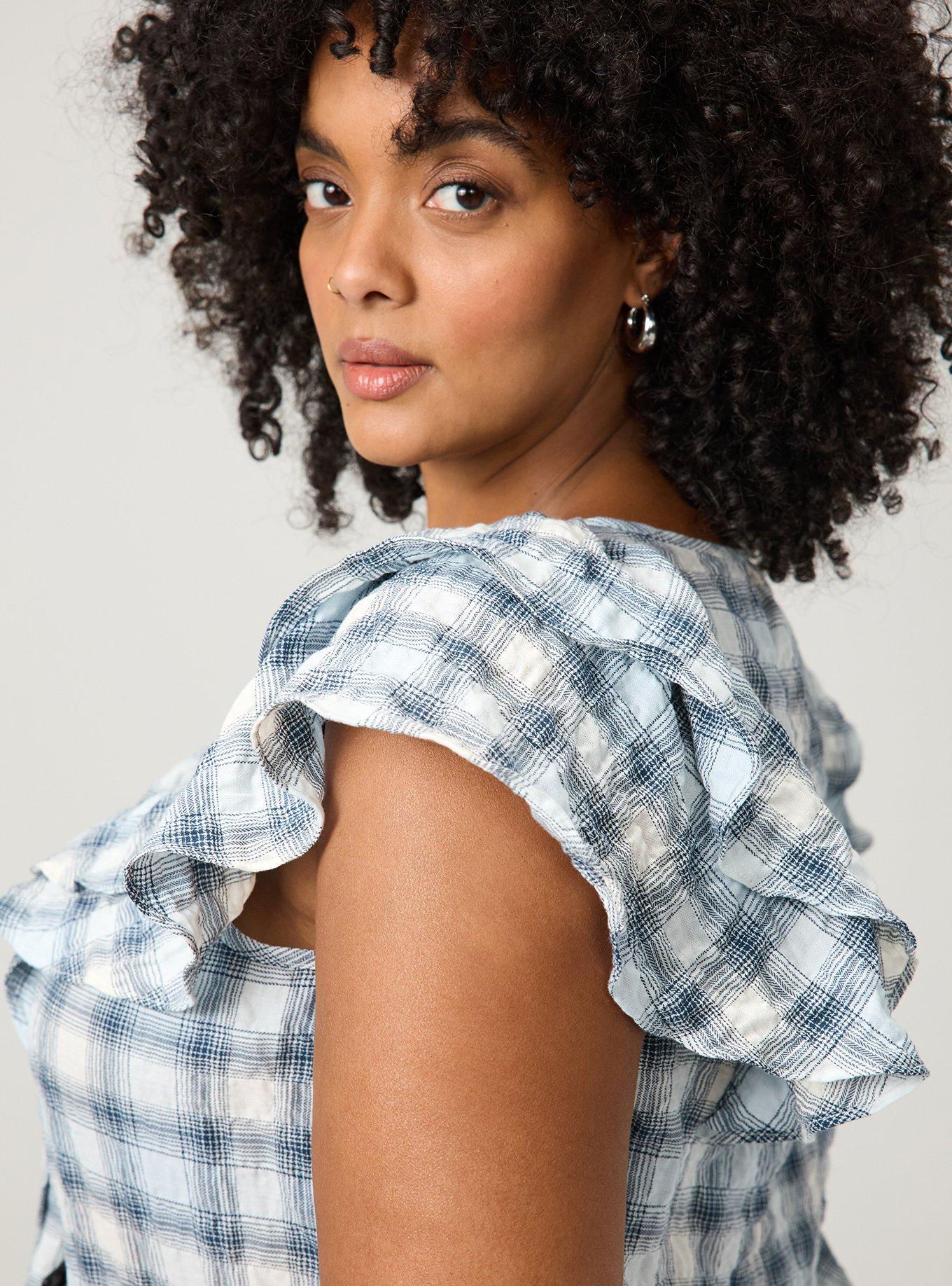 Flutter Sleeve Pintuck Blouse, MAUD PLAID BLUE, alternate