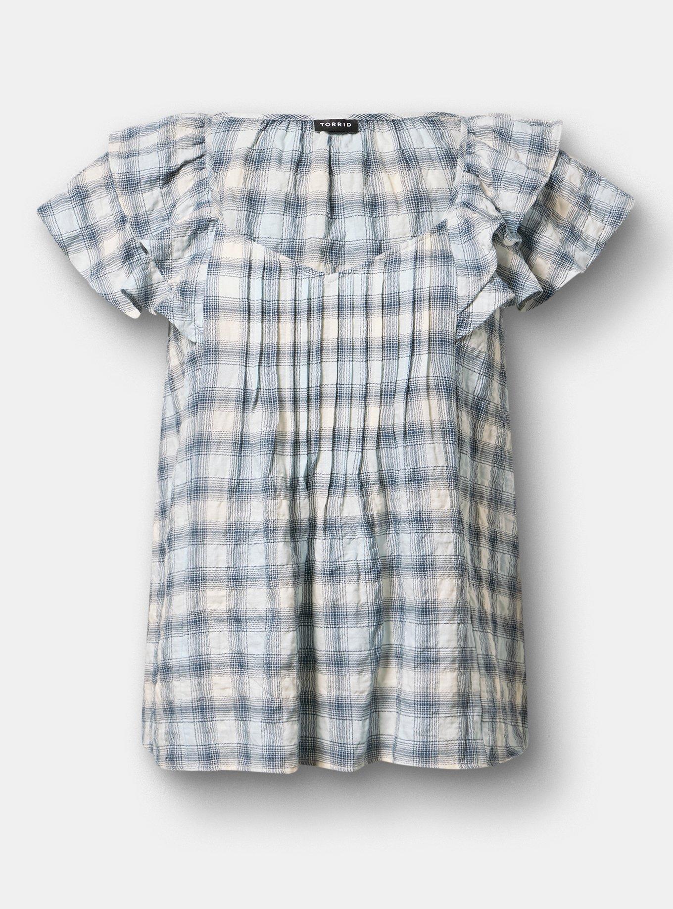 Flutter Sleeve Pintuck Blouse, MAUD PLAID BLUE, flat