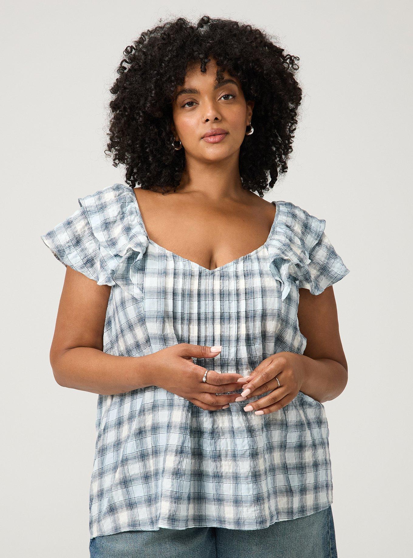 Flutter Sleeve Pintuck Blouse, MAUD PLAID BLUE, hi-res