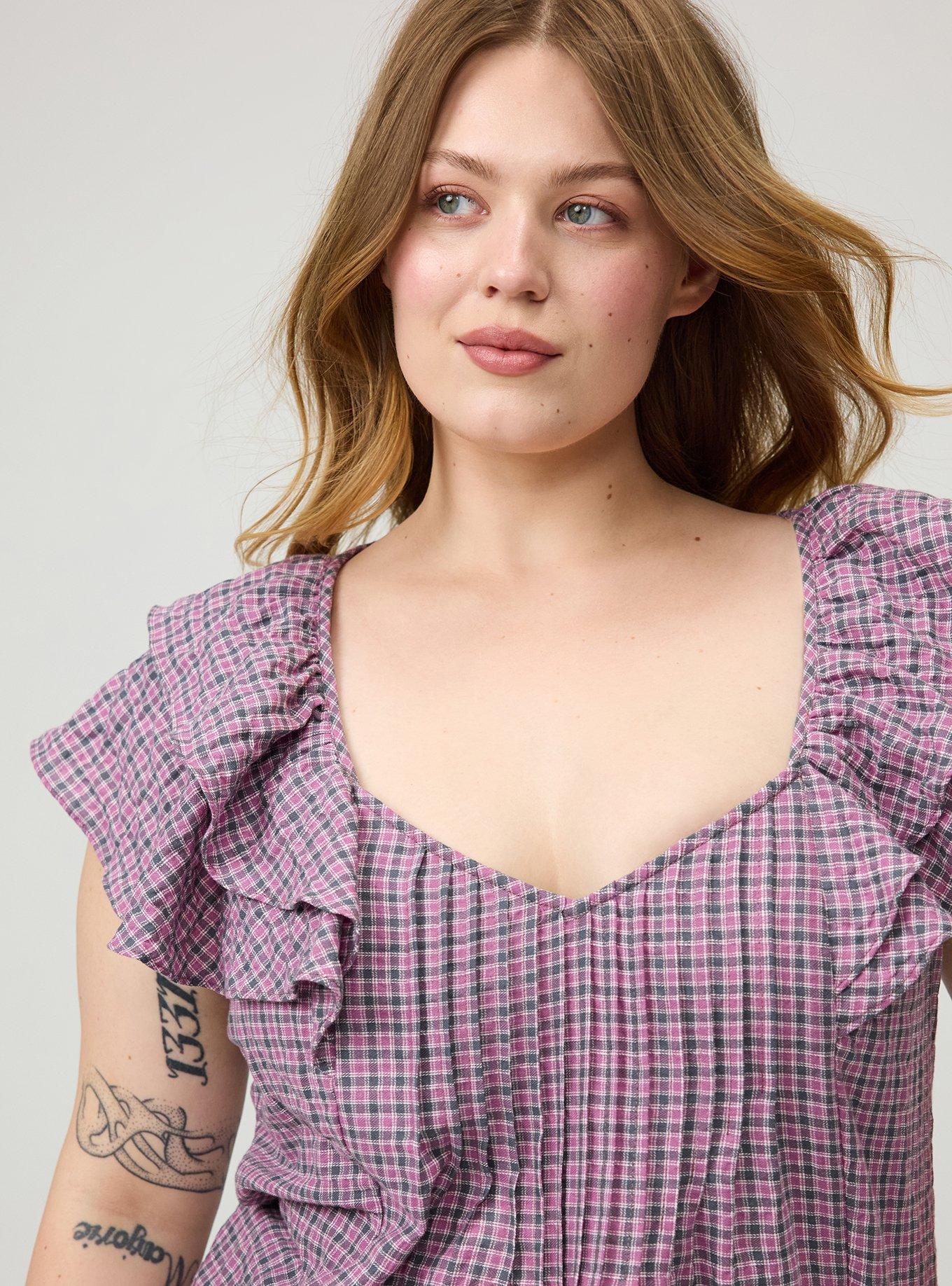 Flutter Sleeve Pintuck Blouse, ROMA PLAID MAUVE, alternate