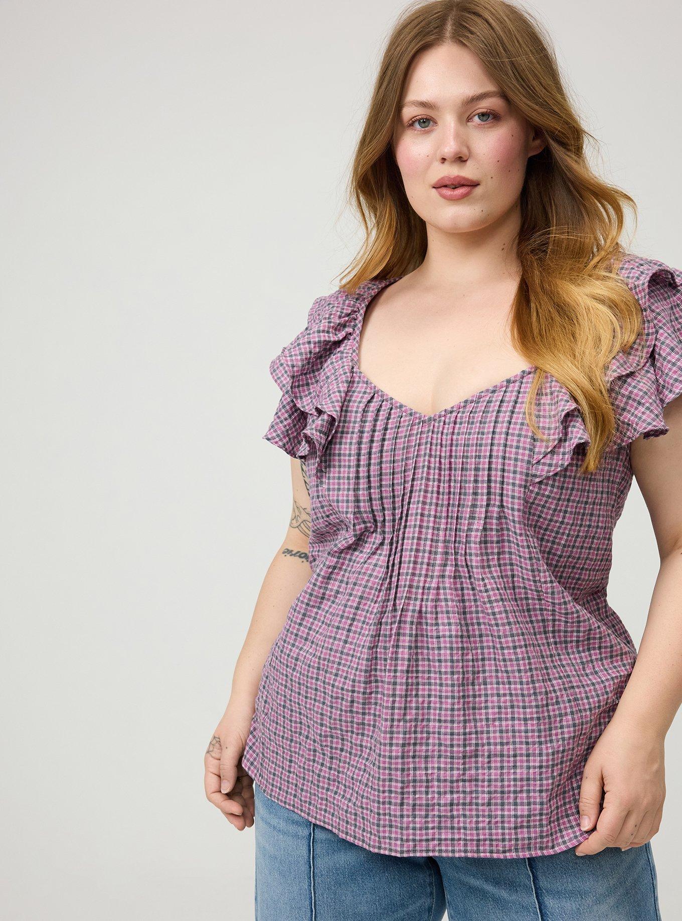 Flutter Sleeve Pintuck Blouse, ROMA PLAID MAUVE, alternate