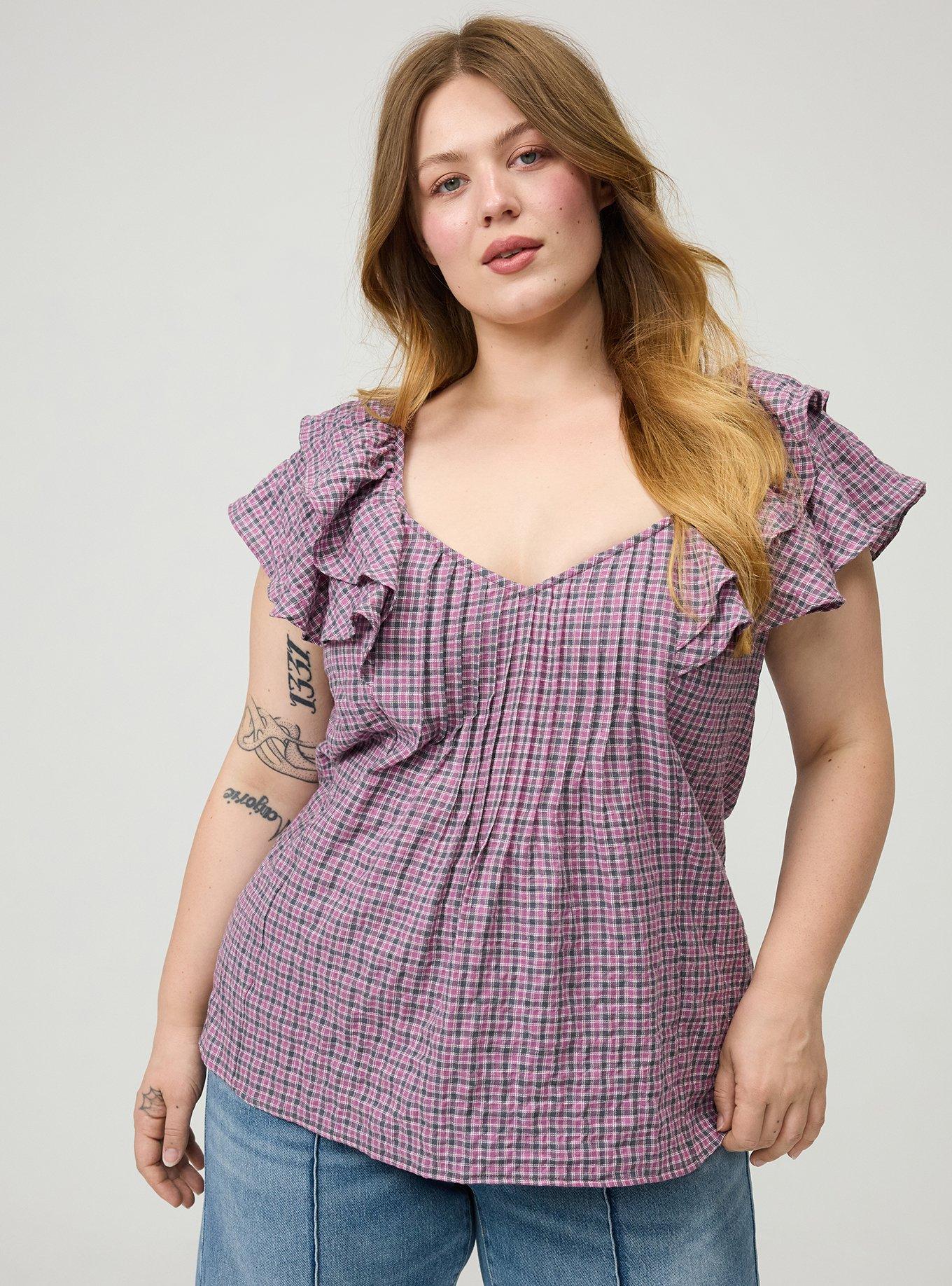 Flutter Sleeve Pintuck Blouse, ROMA PLAID MAUVE, hi-res