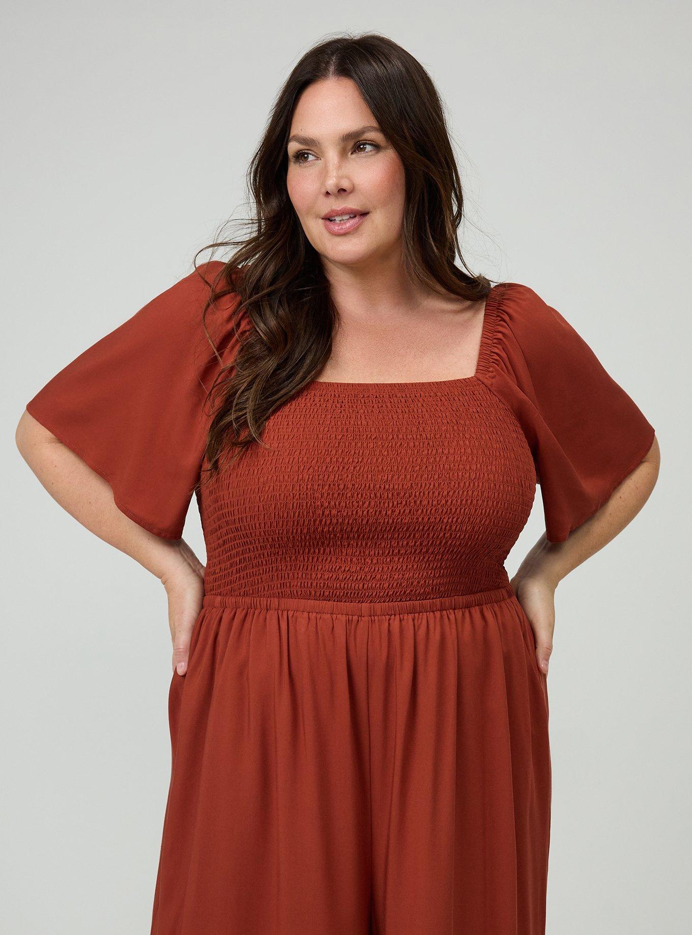 Flutter Sleeve Smocked Jumpsuit, ROASTED RUSSET, alternate