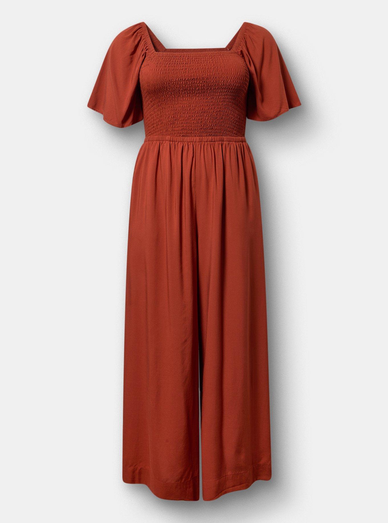Flutter Sleeve Smocked Jumpsuit, ROASTED RUSSET, flat
