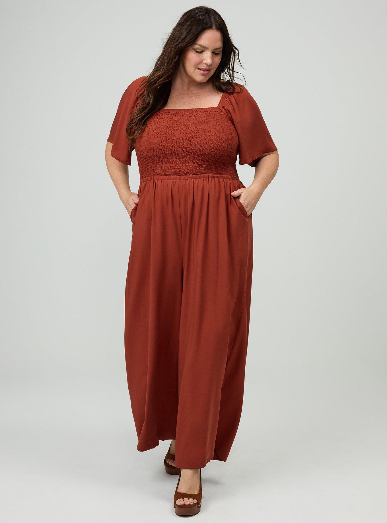 Flutter Sleeve Smocked Jumpsuit, ROASTED RUSSET, hi-res