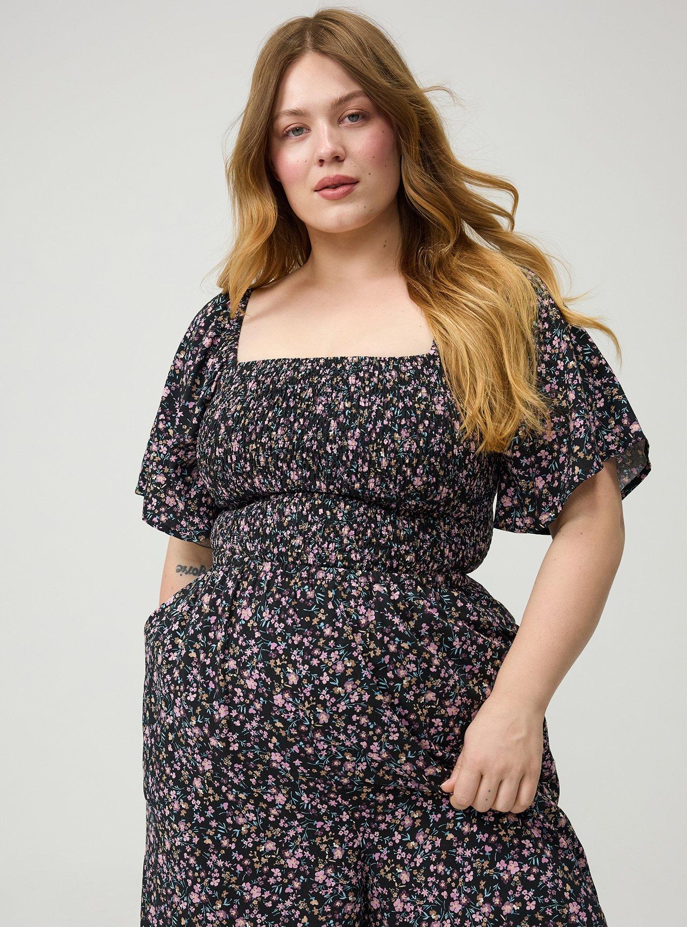 Flutter Sleeve Smocked Jumpsuit, SWEET FLORAL BLACK, alternate