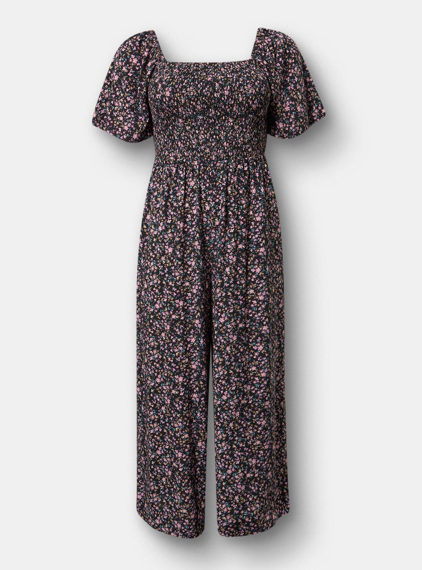 Flutter Sleeve Smocked Jumpsuit, SWEET FLORAL BLACK, flat