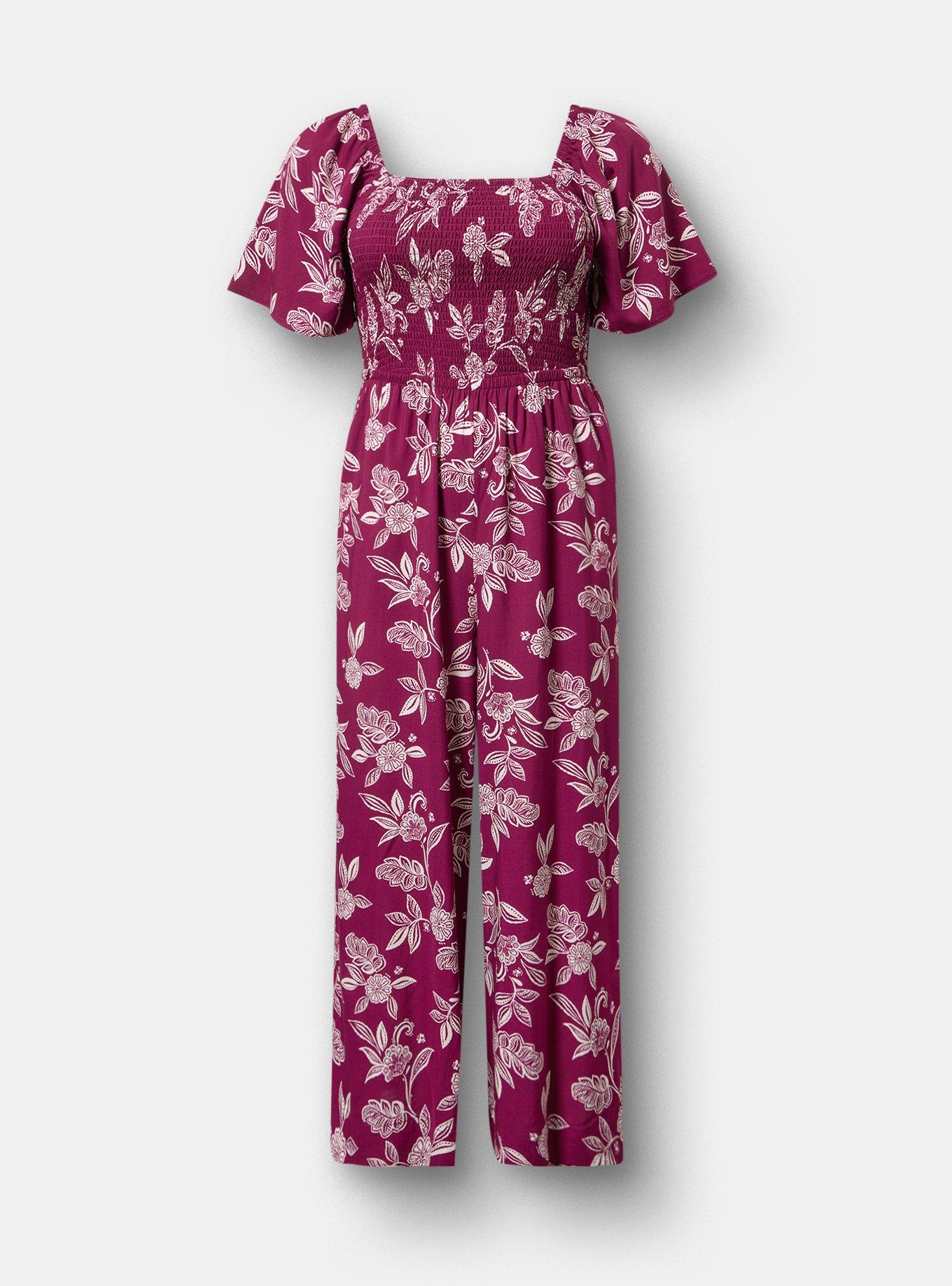 Flutter Sleeve Smocked Jumpsuit, THRILL FLORAL PURPLE, flat