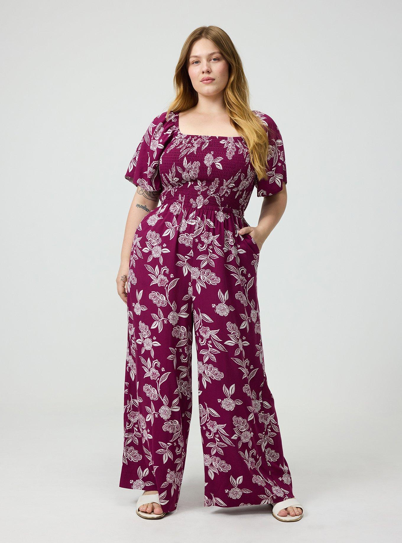 Flutter Sleeve Smocked Jumpsuit, THRILL FLORAL PURPLE, hi-res