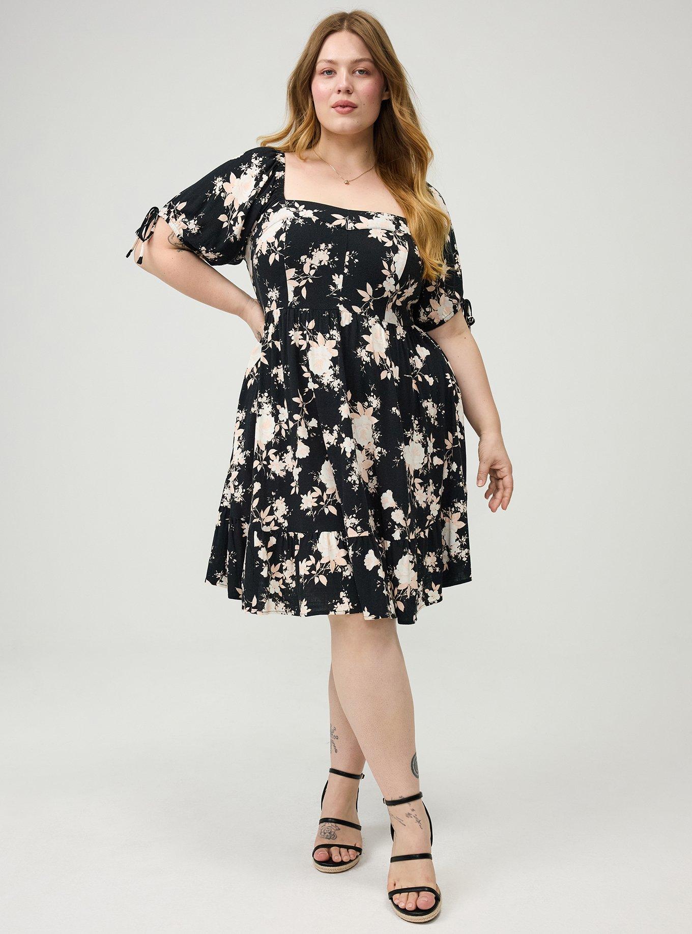 Puff Sleeve Tie Mini Dress, ILLUMINATED FLORAL BLACK, hi-res