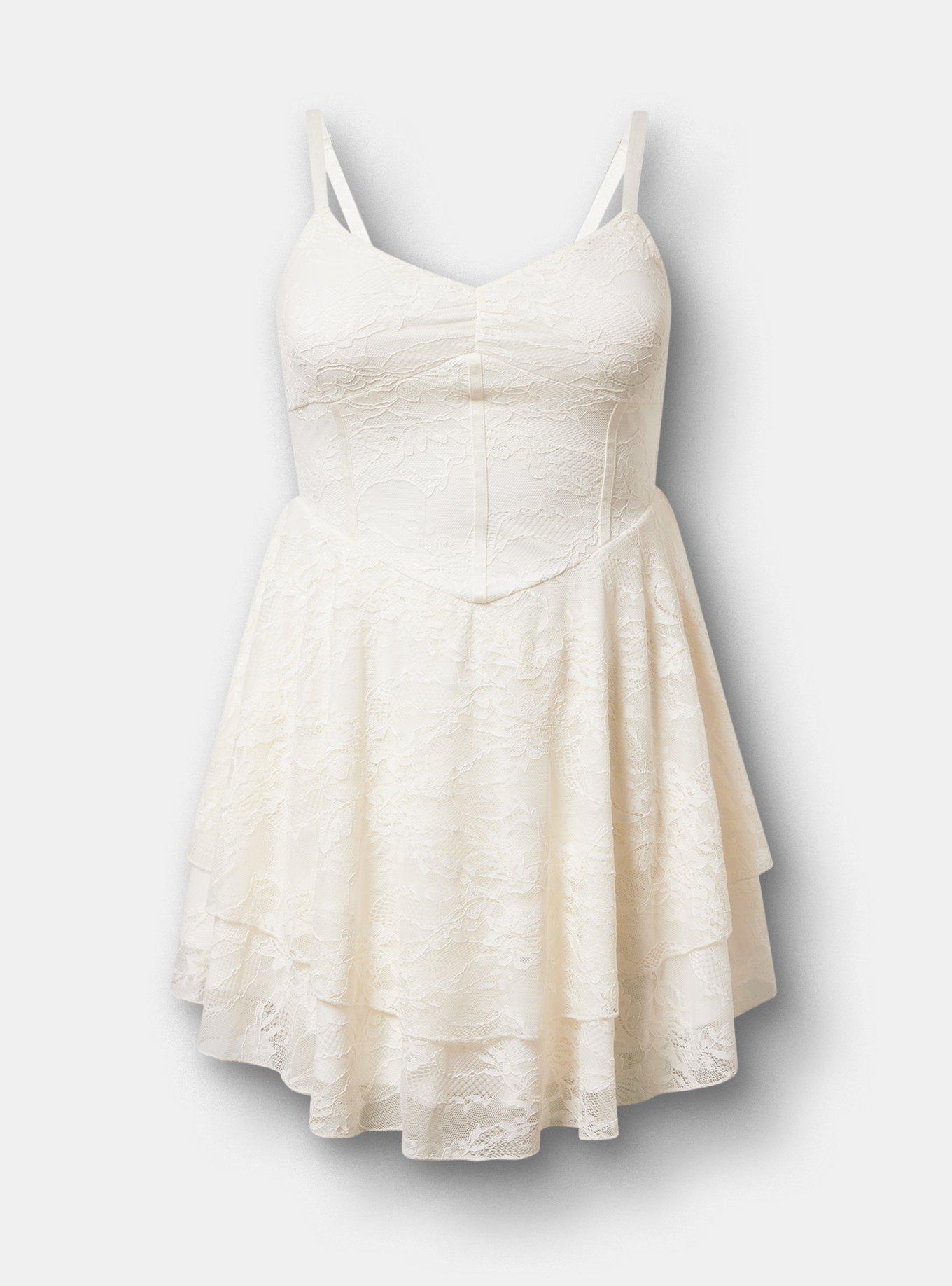Lace Corset Tiered Mini Dress, CLOUD DANCER, hi-res