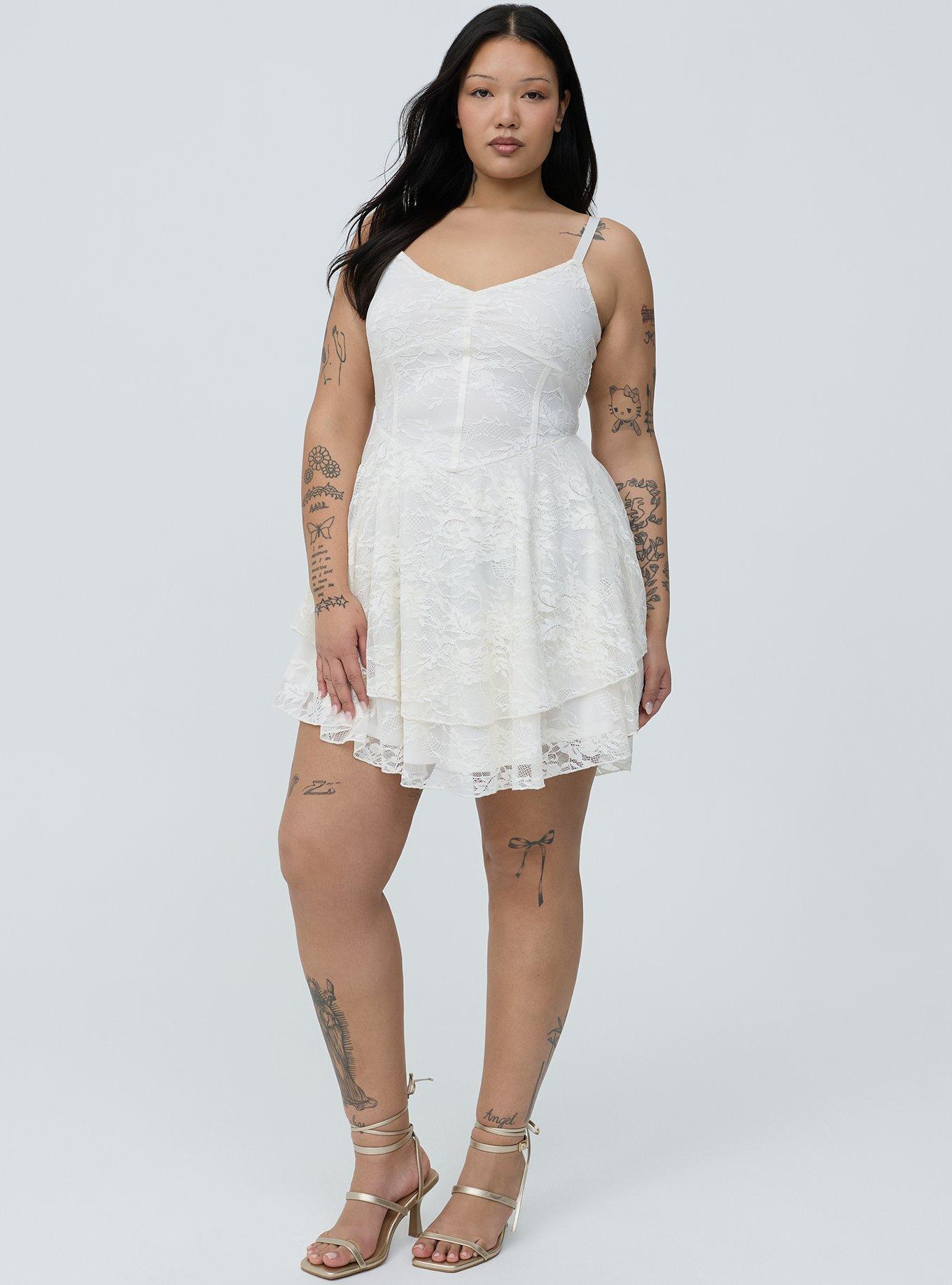Lace Corset Tiered Mini Dress, CLOUD DANCER, hi-res