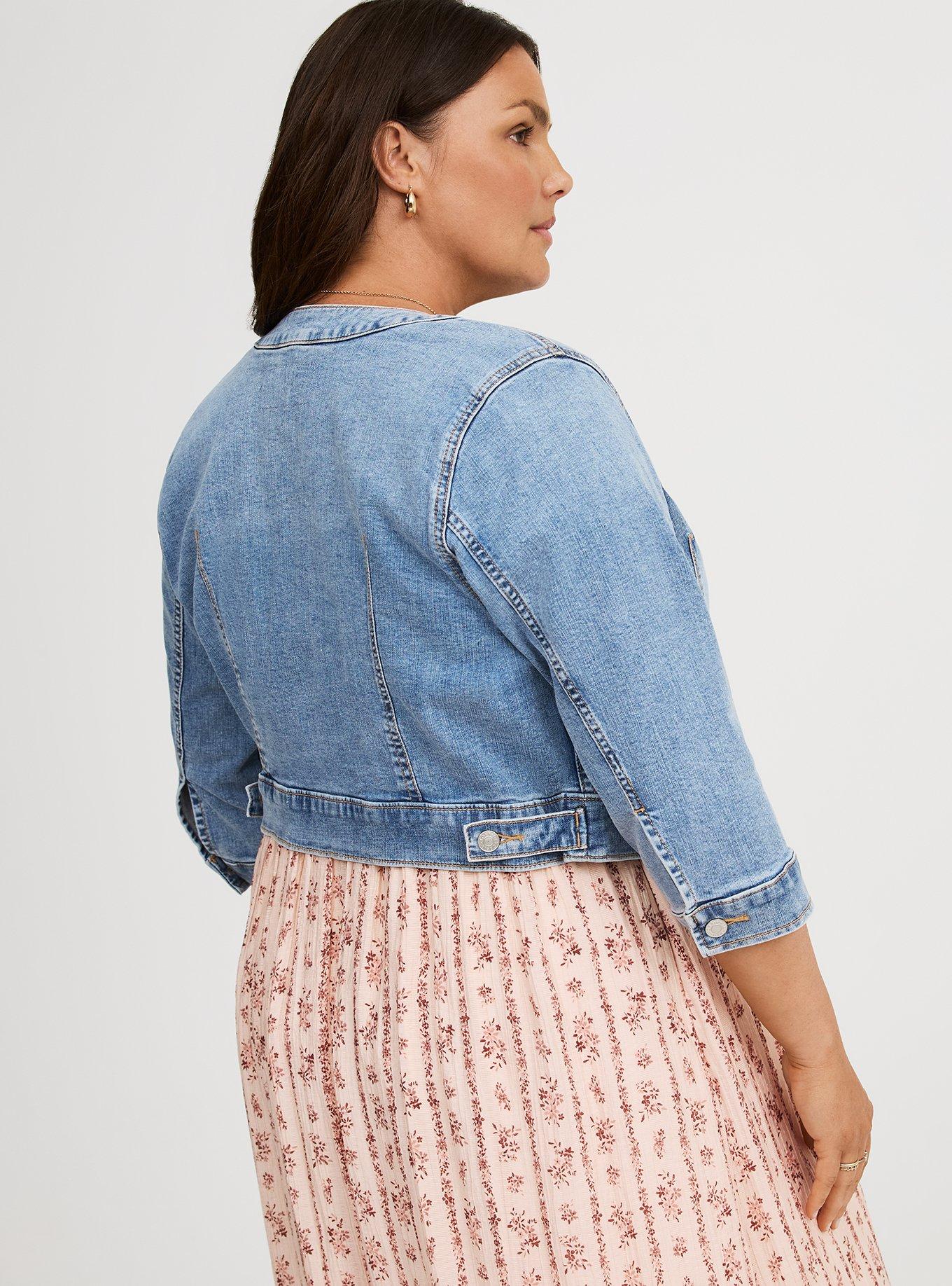 Cropped Collarless Denim Jacket