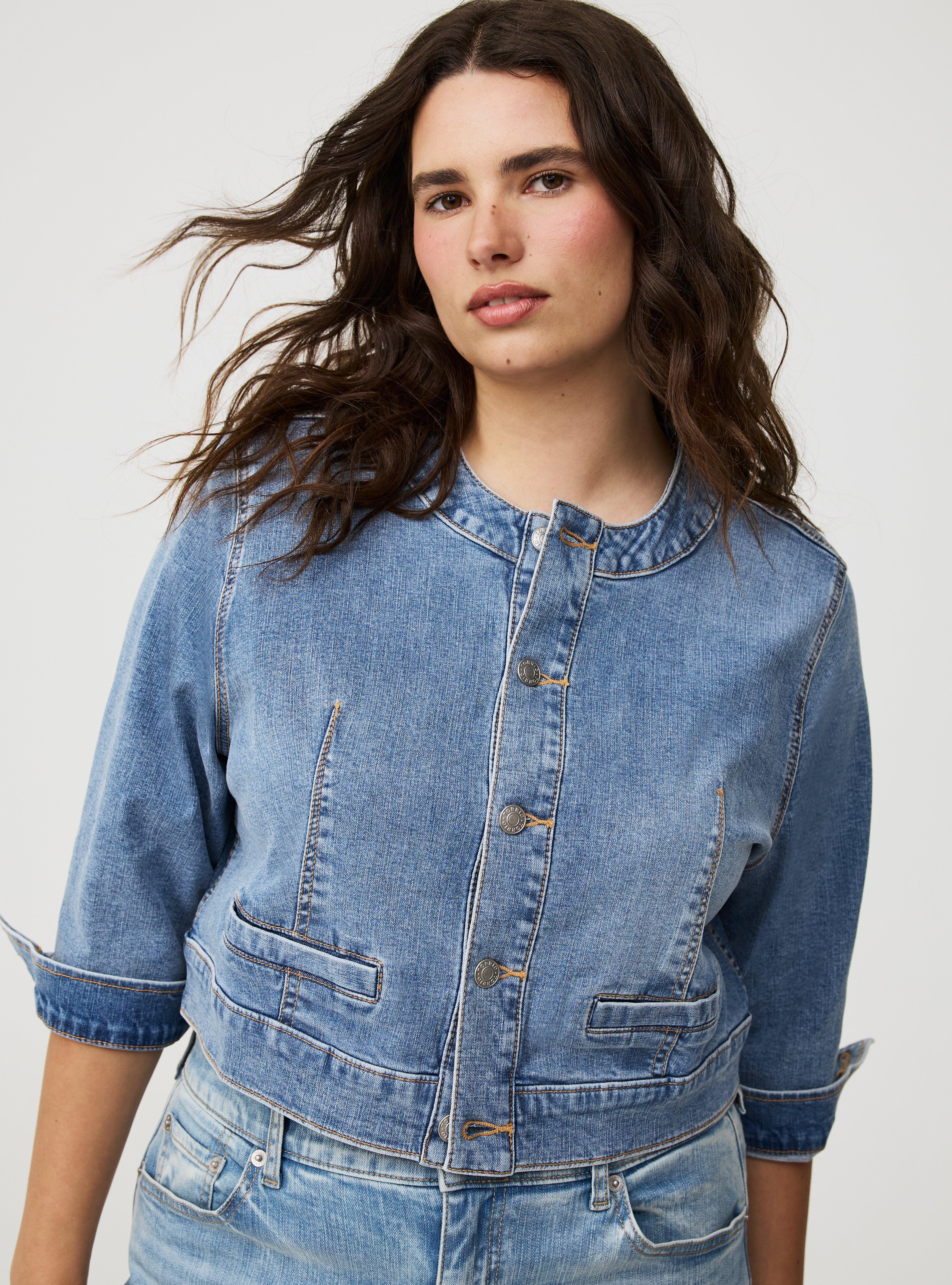 Cropped Collarless Denim Jacket