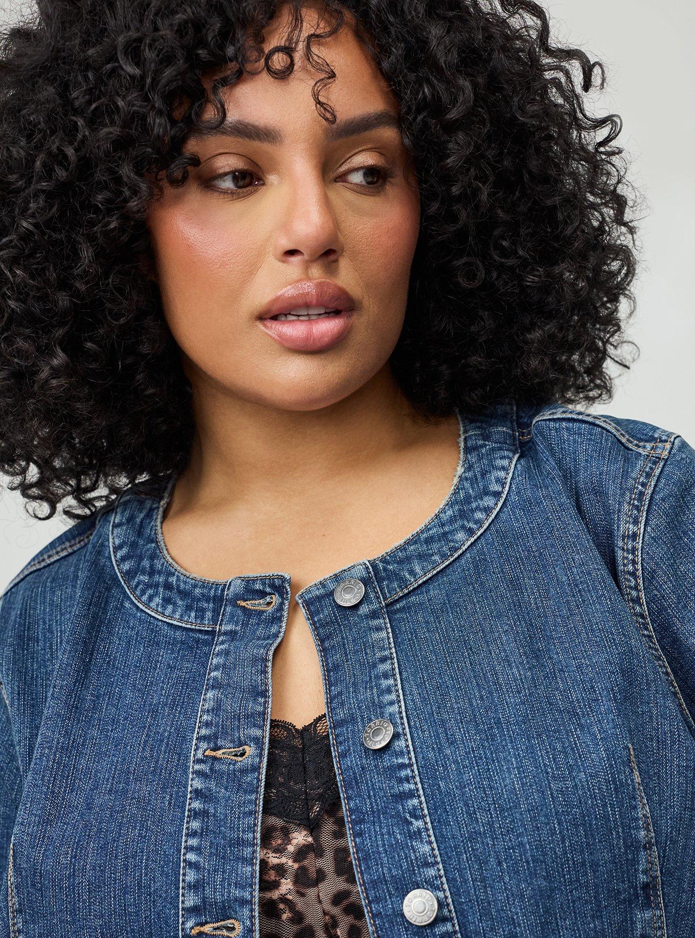 Plus Size Hipster Collarless Denim Jacket, SUMMER BREEZE, alternate