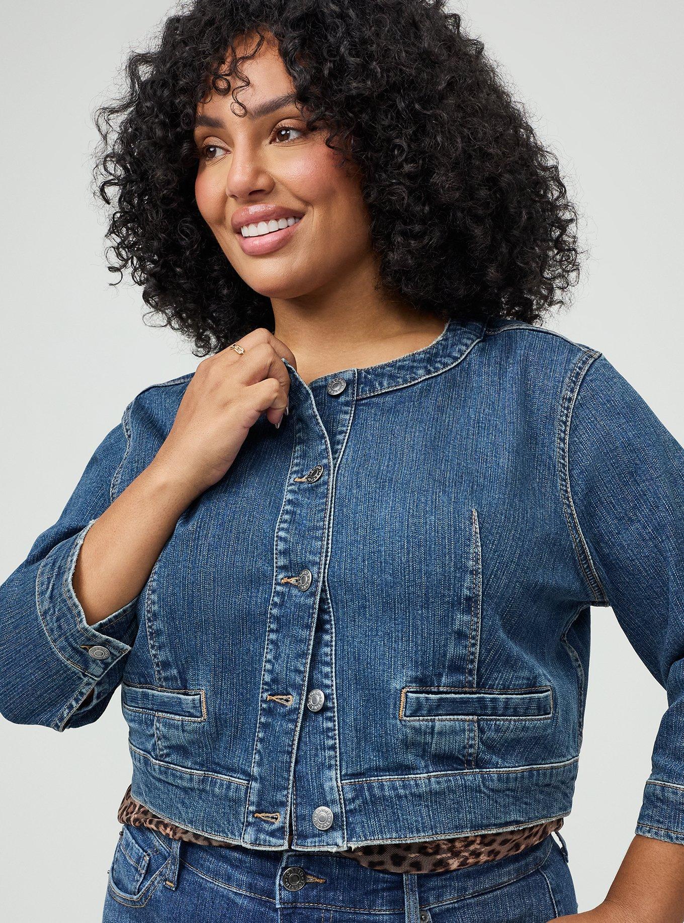 Plus Size Hipster Collarless Denim Jacket, SUMMER BREEZE, alternate