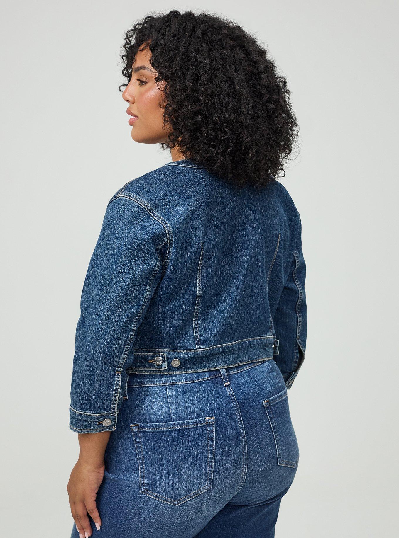 Plus Size Hipster Collarless Denim Jacket, SUMMER BREEZE, alternate