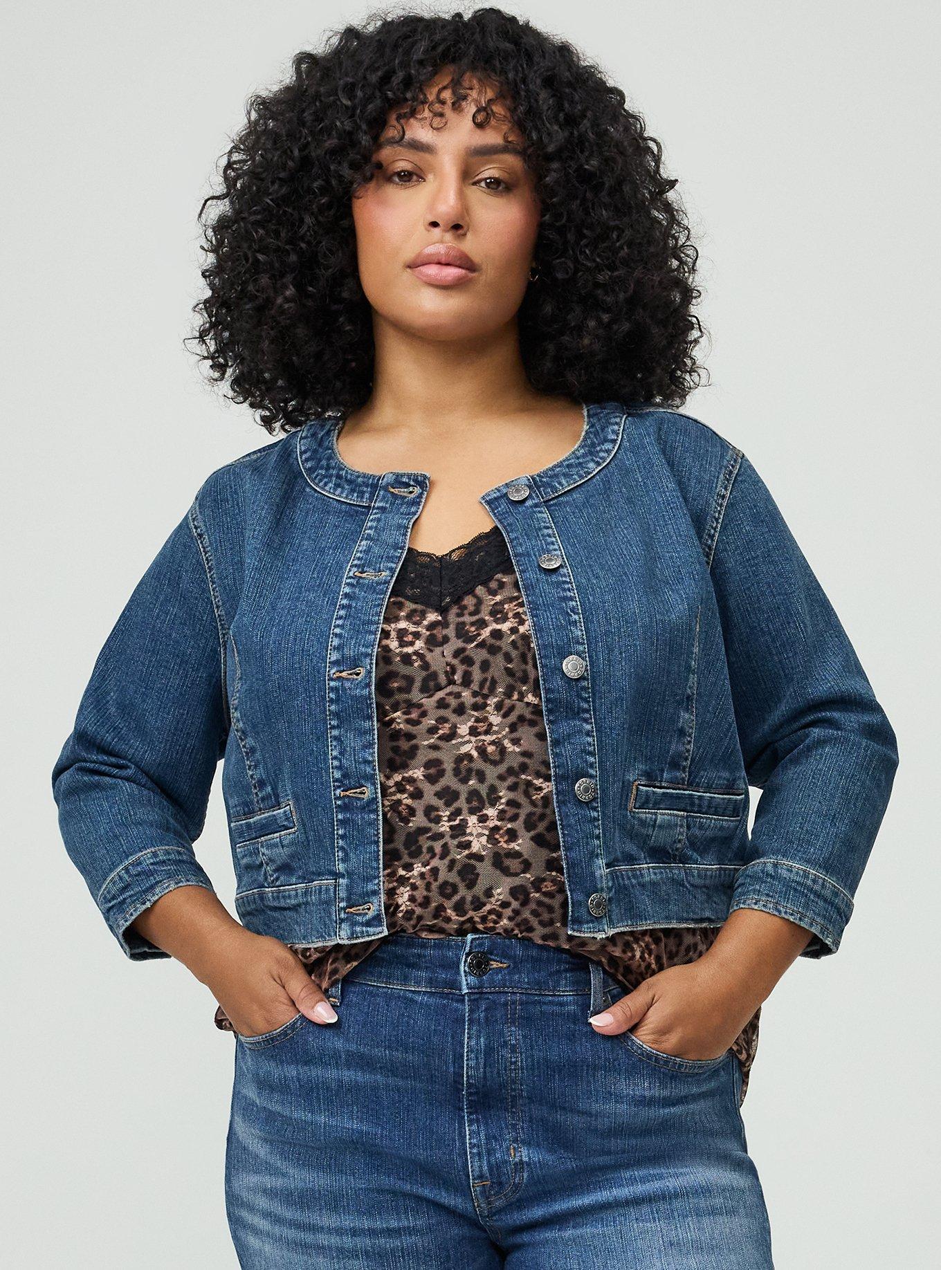 Plus Size Hipster Collarless Denim Jacket, SUMMER BREEZE, hi-res