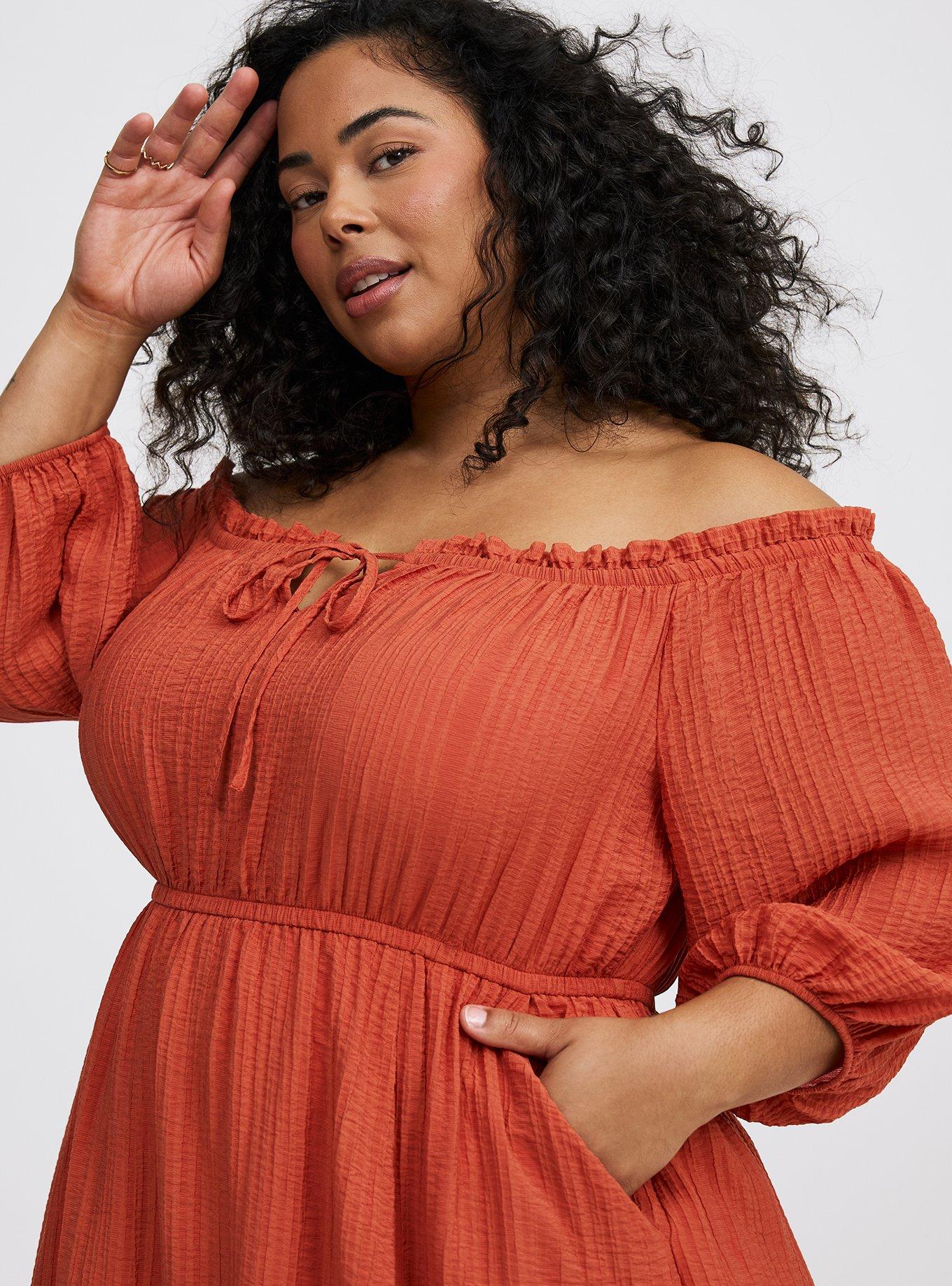 Maxi Textured Viscose Off-Shoulder Dress