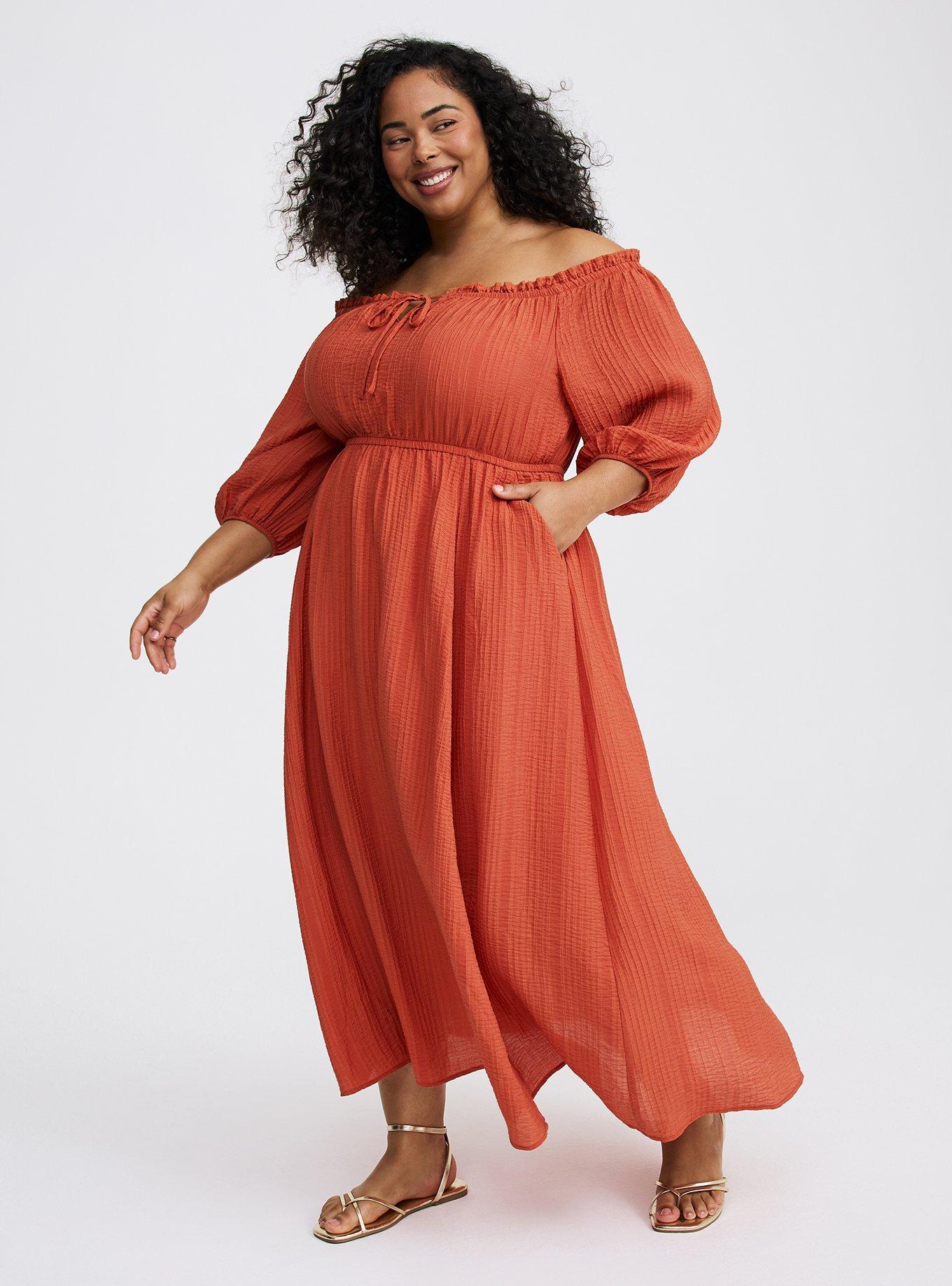 Maxi Textured Viscose Off-Shoulder Dress