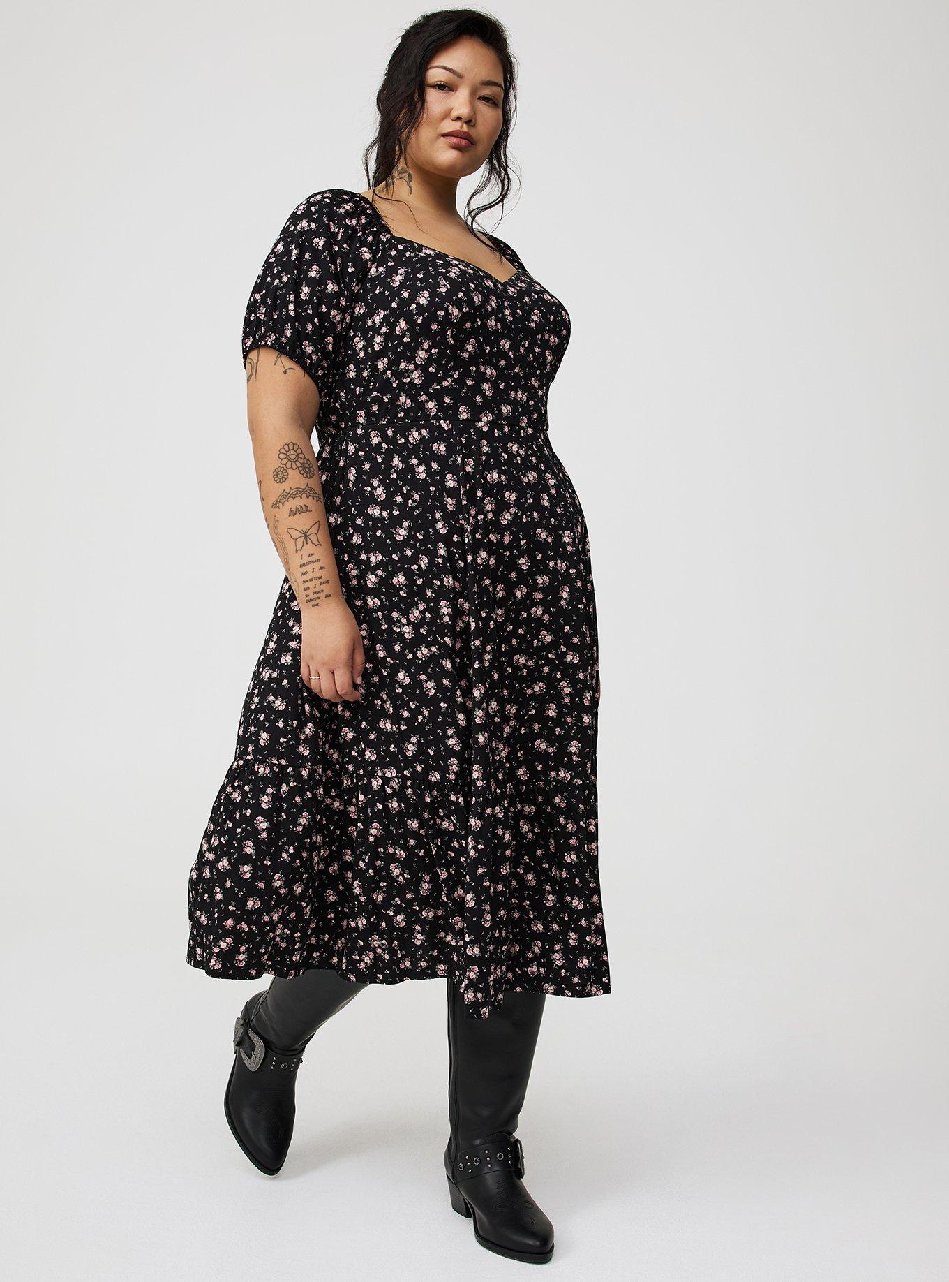Midi Puff-Sleeve Tiered Dress