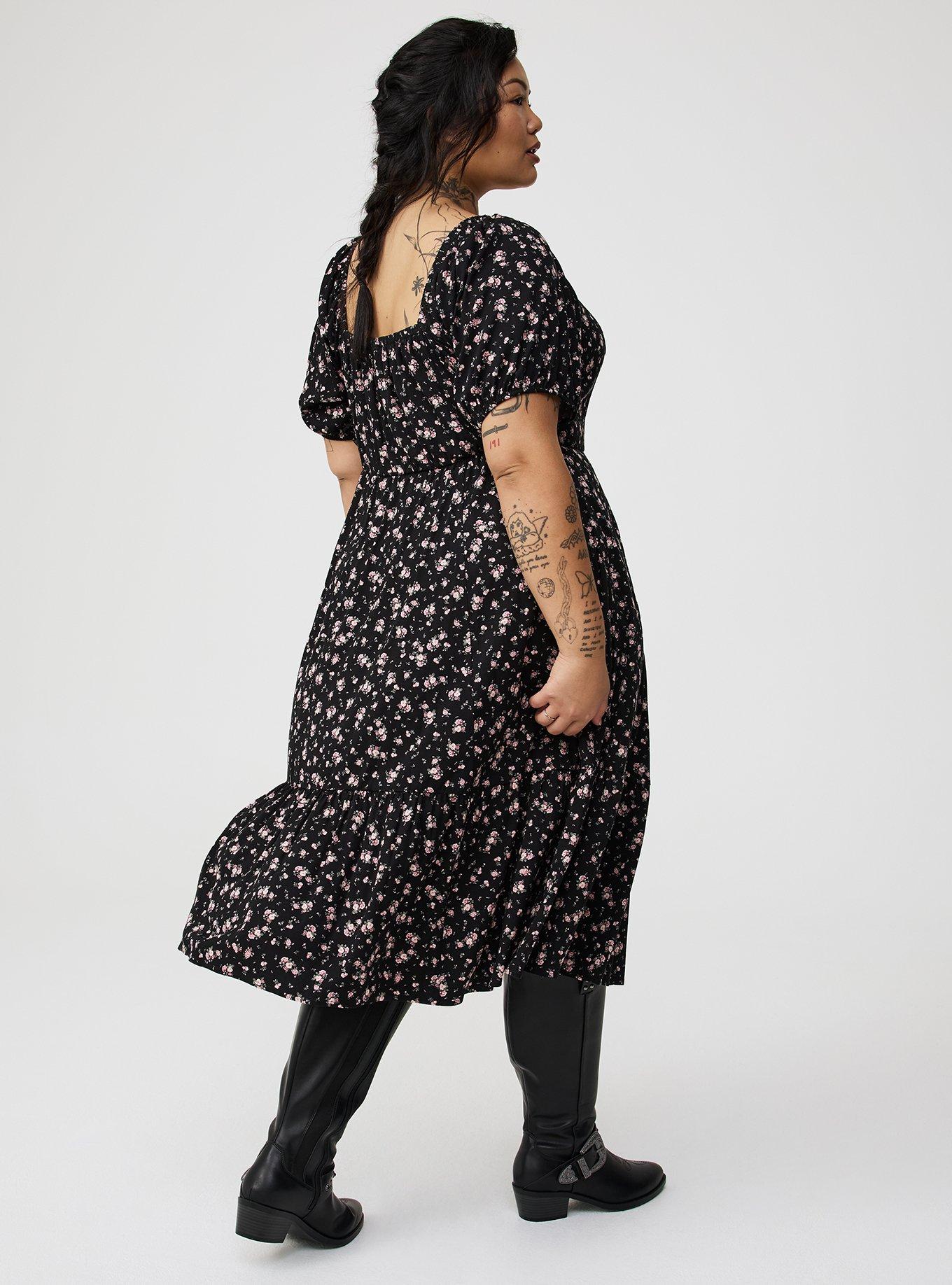 Midi Puff-Sleeve Tiered Dress