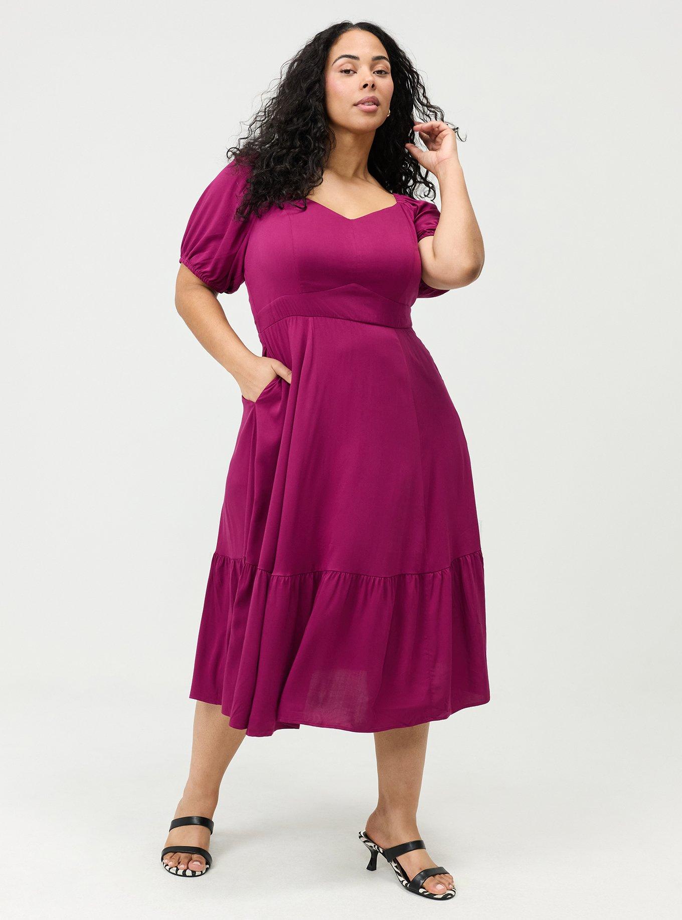 Puff Sleeve Tiered Midi Dress, PURPLE POTION, hi-res