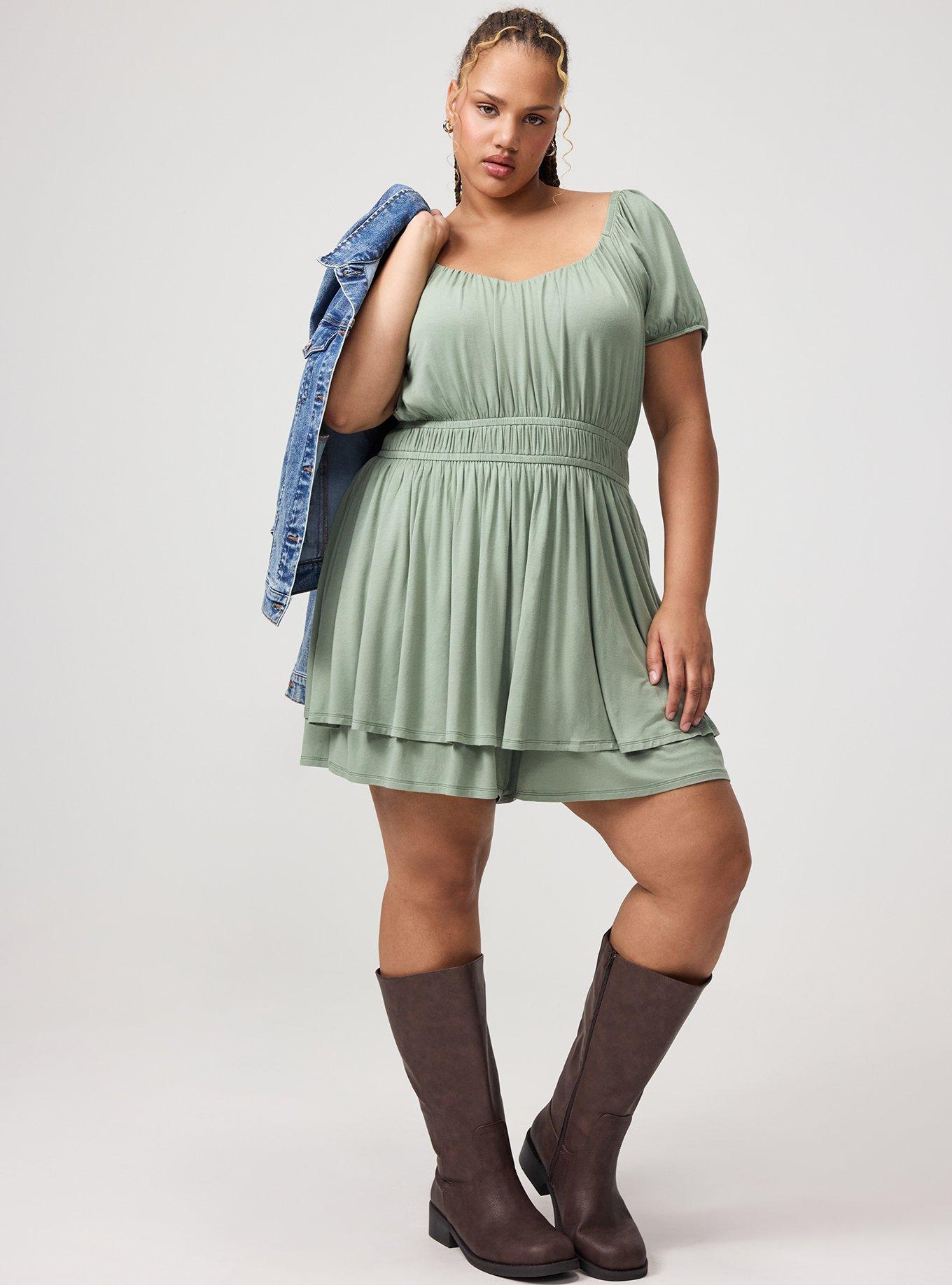 Puff Sleeve Tiered Romper, HEDGE GREEN, alternate