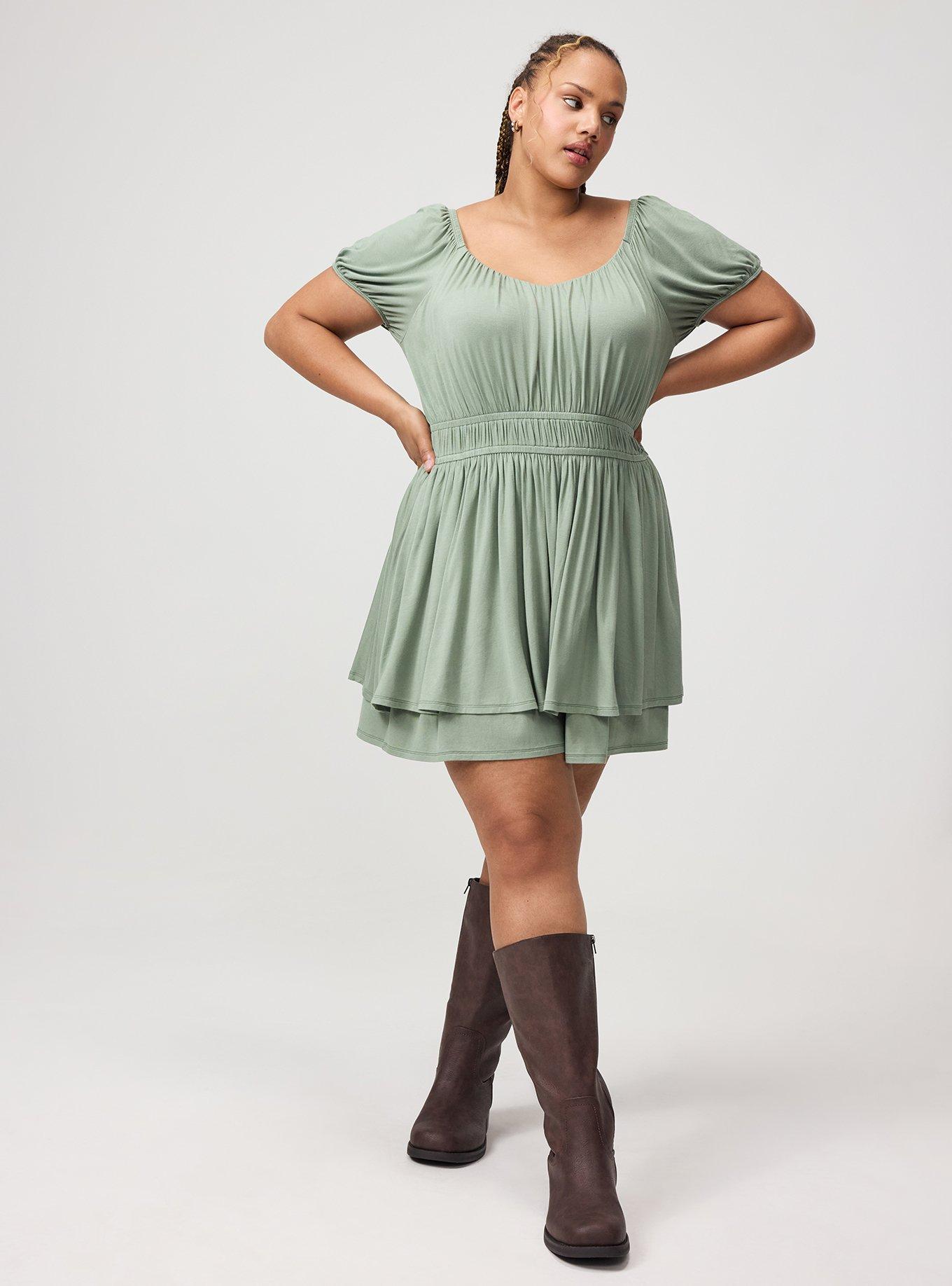Puff Sleeve Tiered Romper, HEDGE GREEN, hi-res
