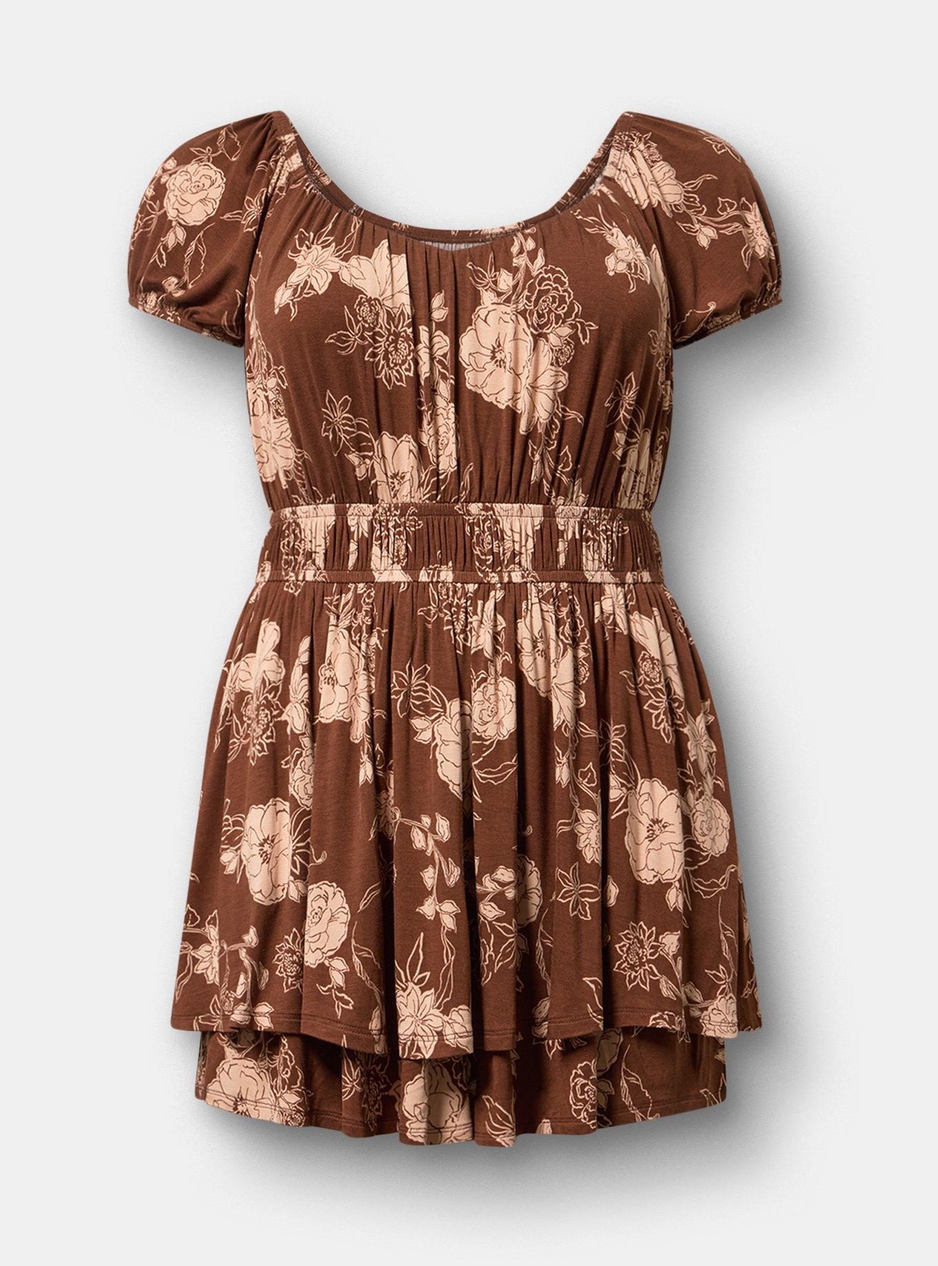 Puff Sleeve Tiered Romper, SUZY FLORAL BROWN, flat