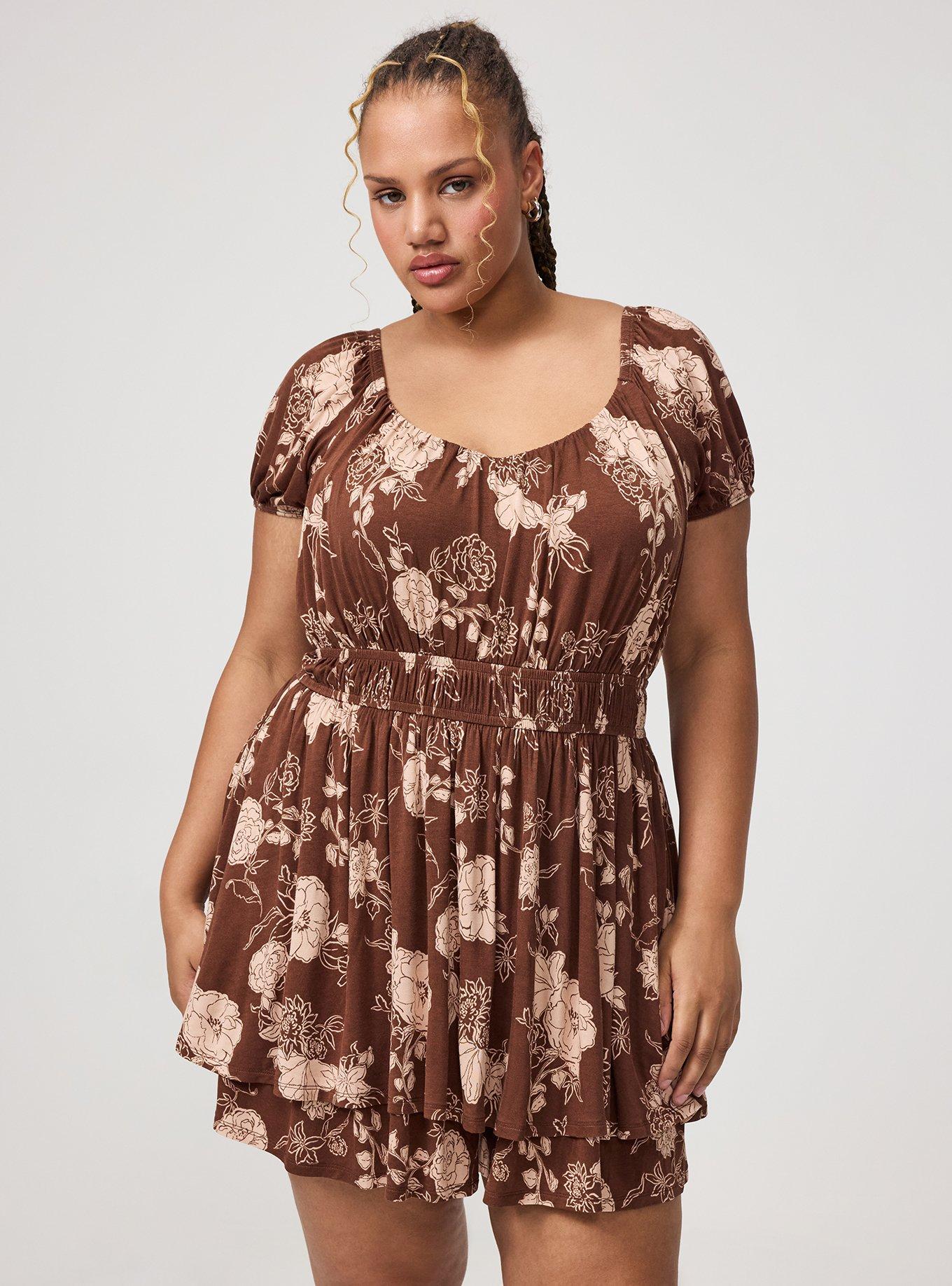 Puff Sleeve Tiered Romper, SUZY FLORAL BROWN, hi-res