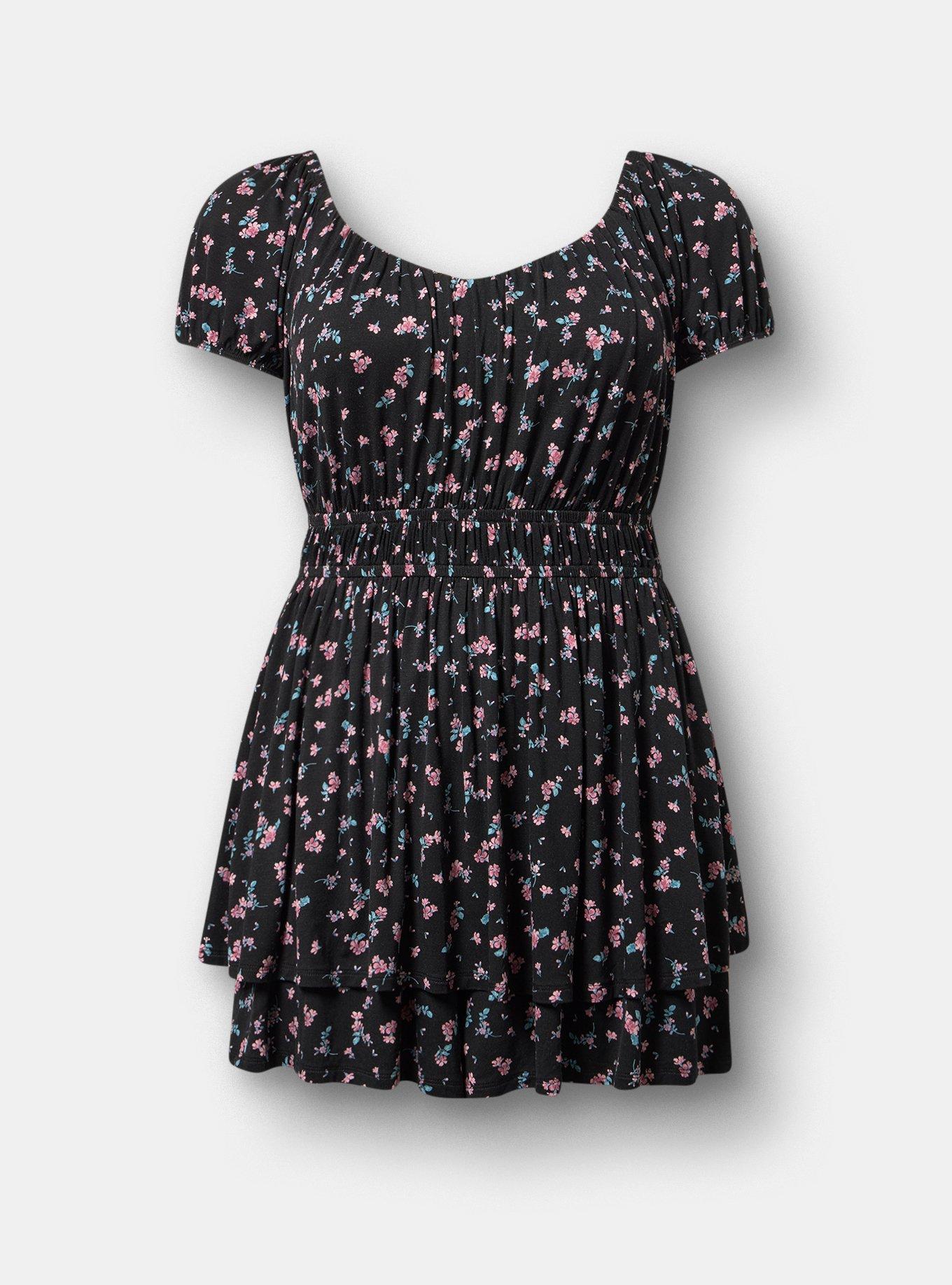 Puff Sleeve Tiered Romper, ALEXA DITSY FLORAL BLACK, flat