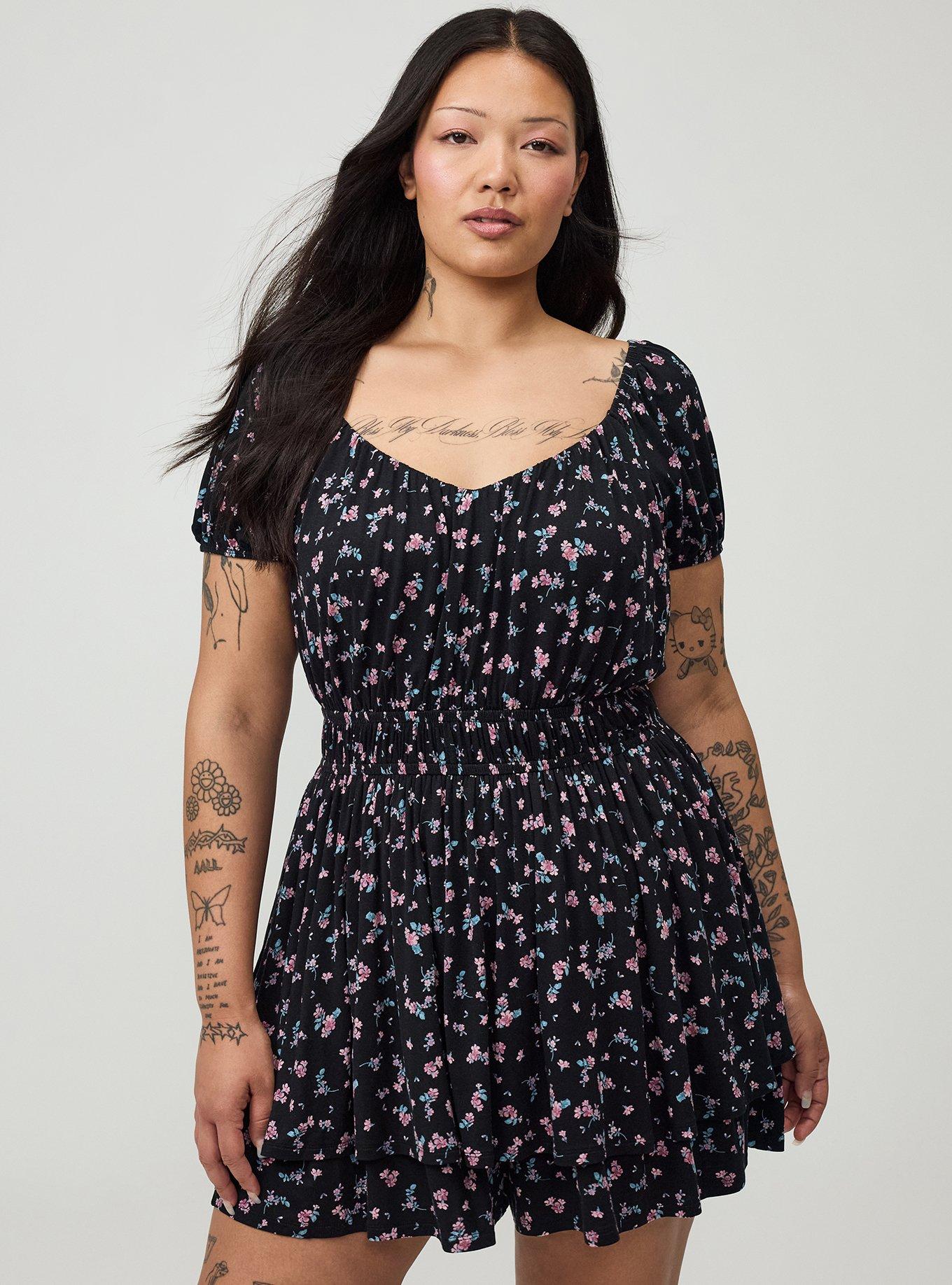 Puff Sleeve Tiered Romper, ALEXA DITSY FLORAL BLACK, hi-res