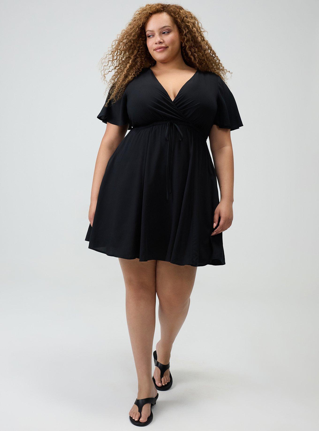 Surplice Flutter-Sleeve Mini Dress, DEEP BLACK, alternate
