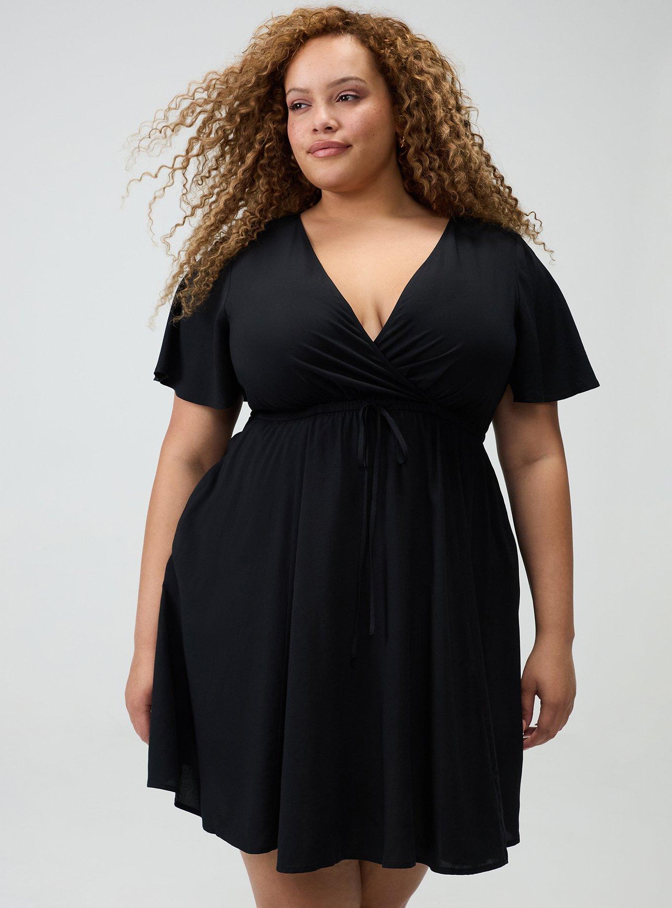 Surplice Flutter-Sleeve Mini Dress, DEEP BLACK, hi-res