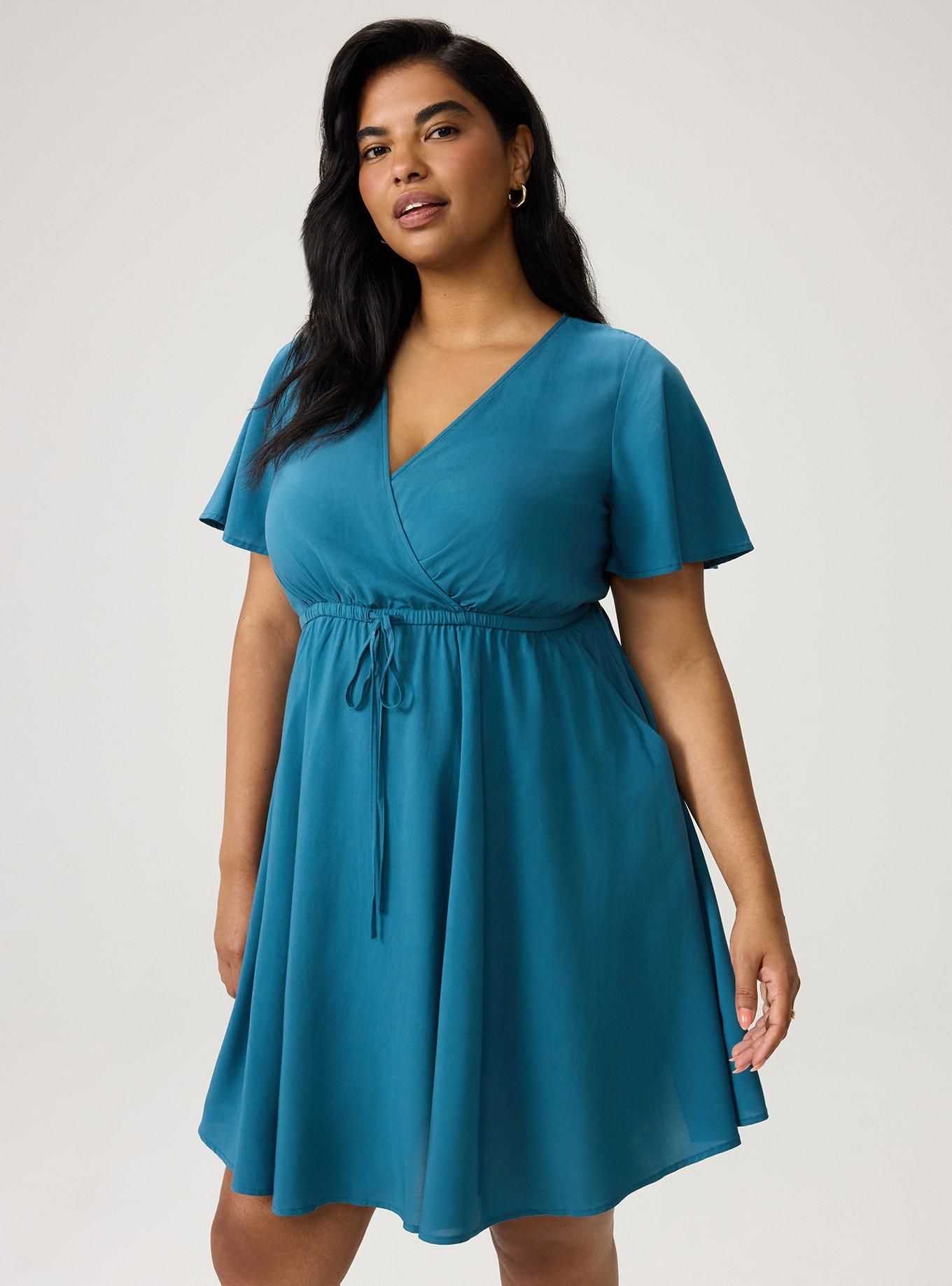 Surplice Flutter-Sleeve Mini Dress, MALLARD BLUE, alternate