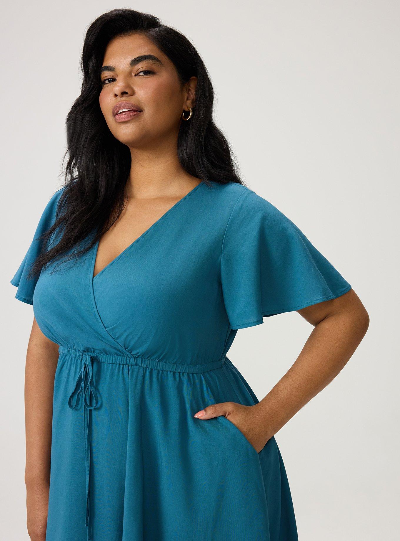 Surplice Flutter-Sleeve Mini Dress, MALLARD BLUE, alternate