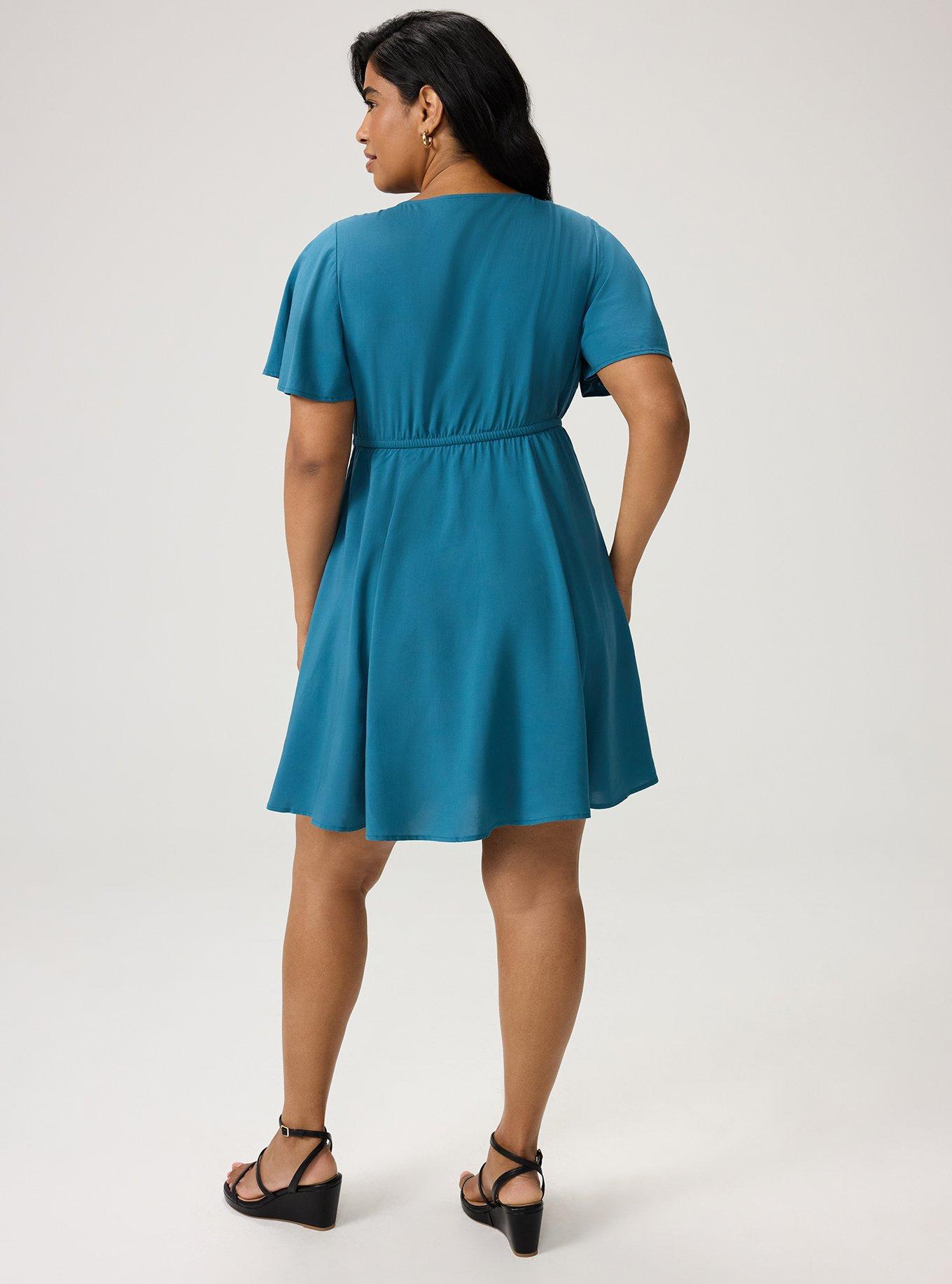 Surplice Flutter-Sleeve Mini Dress, MALLARD BLUE, alternate