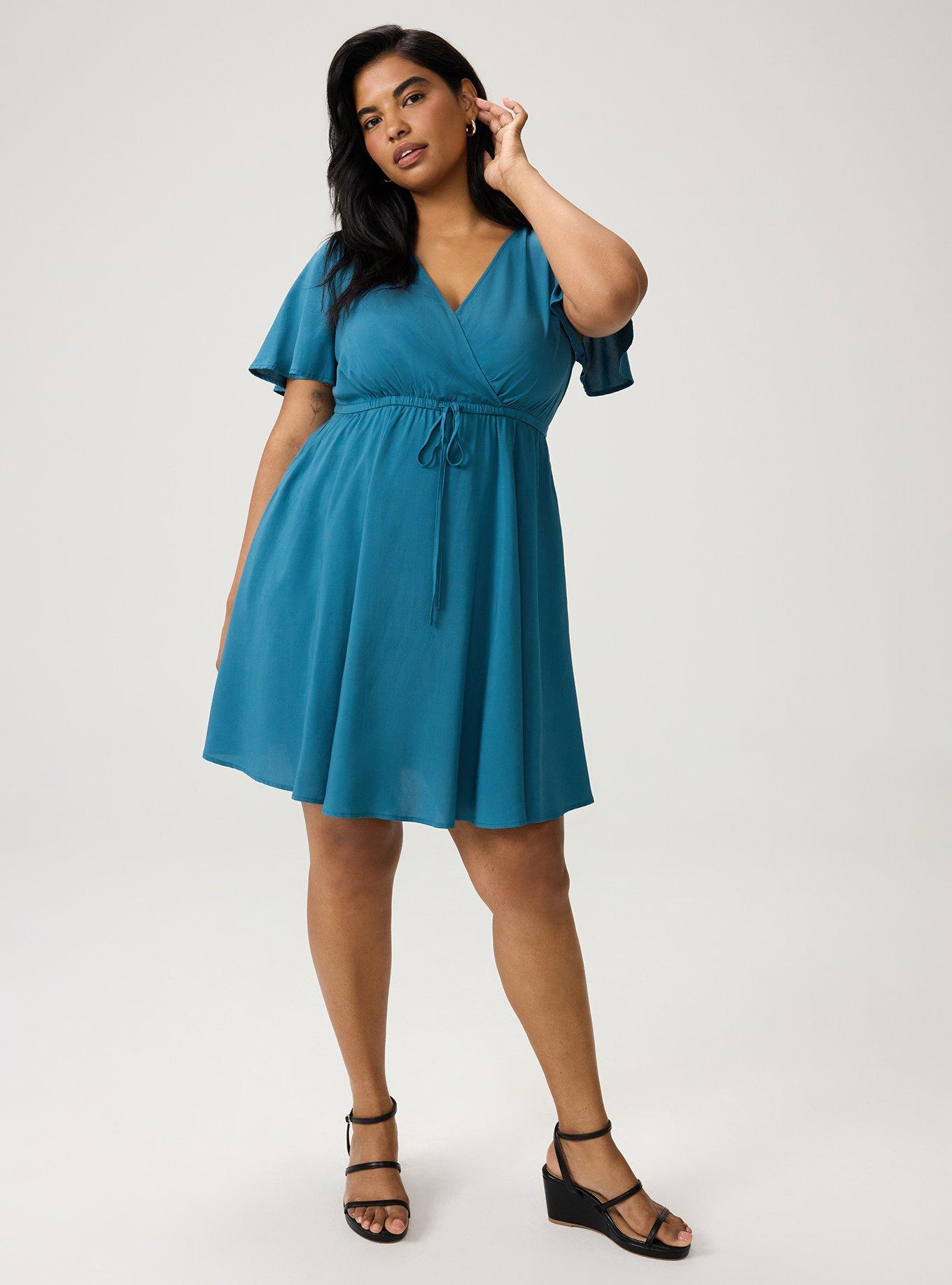 Surplice Flutter-Sleeve Mini Dress, MALLARD BLUE, alternate