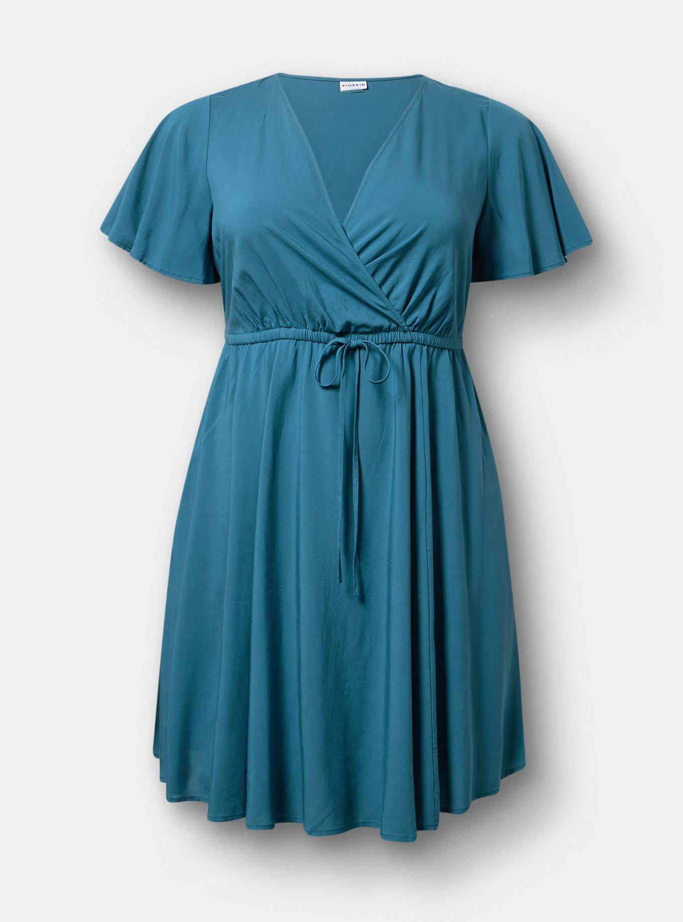 Surplice Flutter-Sleeve Mini Dress, MALLARD BLUE, flat